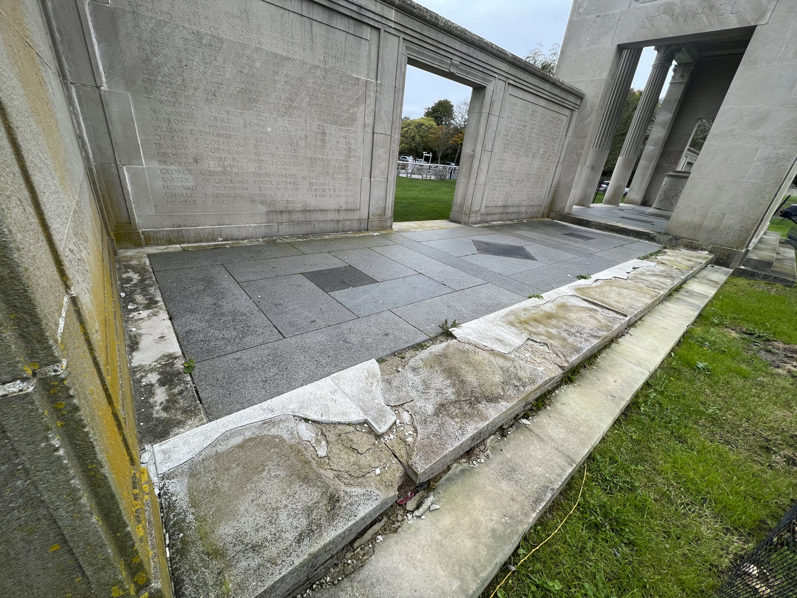 The deteriorating memorial in Agawam Park.  DANA SHAW