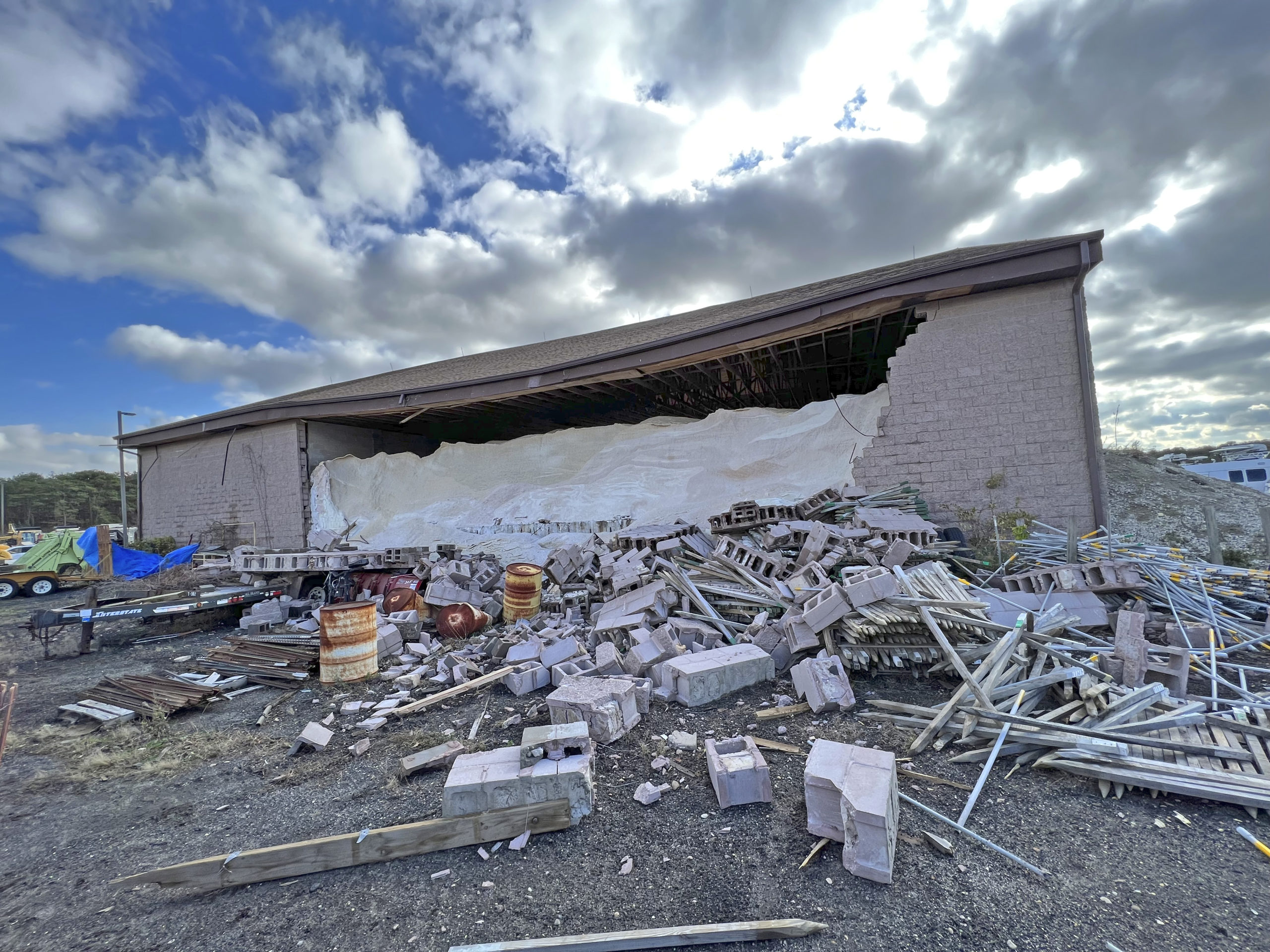 The Suffolk County DPW yard and salt barn in Westhampton which sustained significant damage from a confirmed tornado on Saturday leaving it structurally unsound.      DANA SHAW