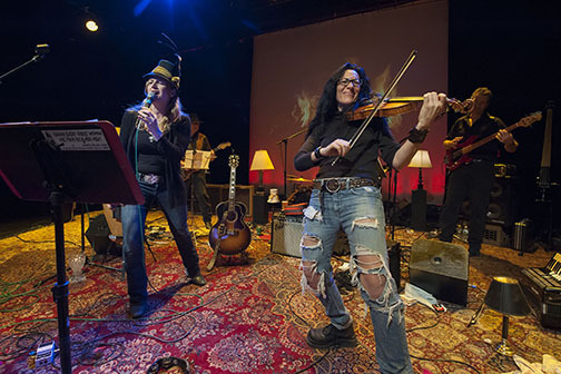 Violinist Randi Fischenfeld performing with The Nancy Atlas Project at Bay Street Theater, 2019.