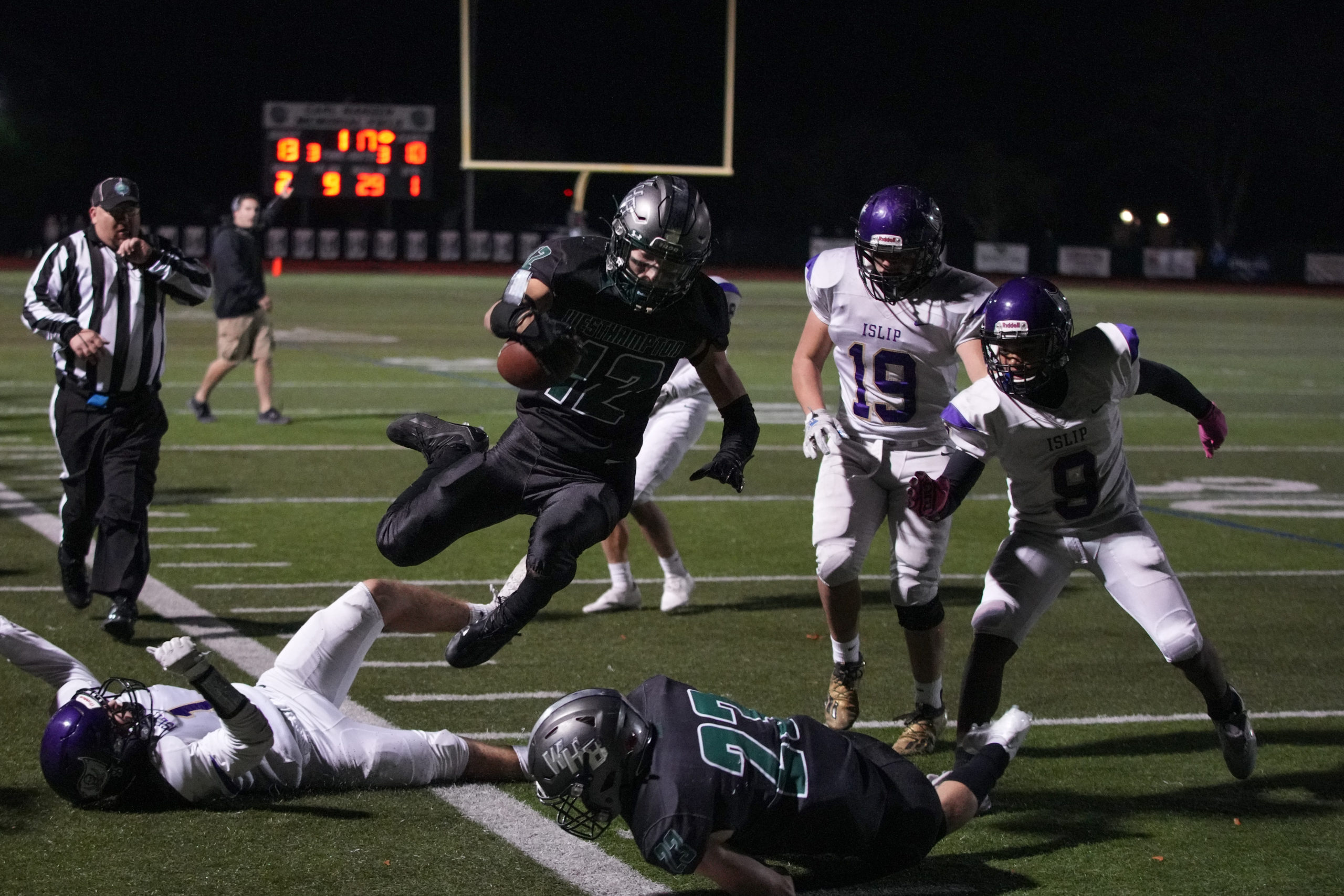 Westhampton Beach senior Deegan Laube injured his knee on this play and missed the rest of the game.