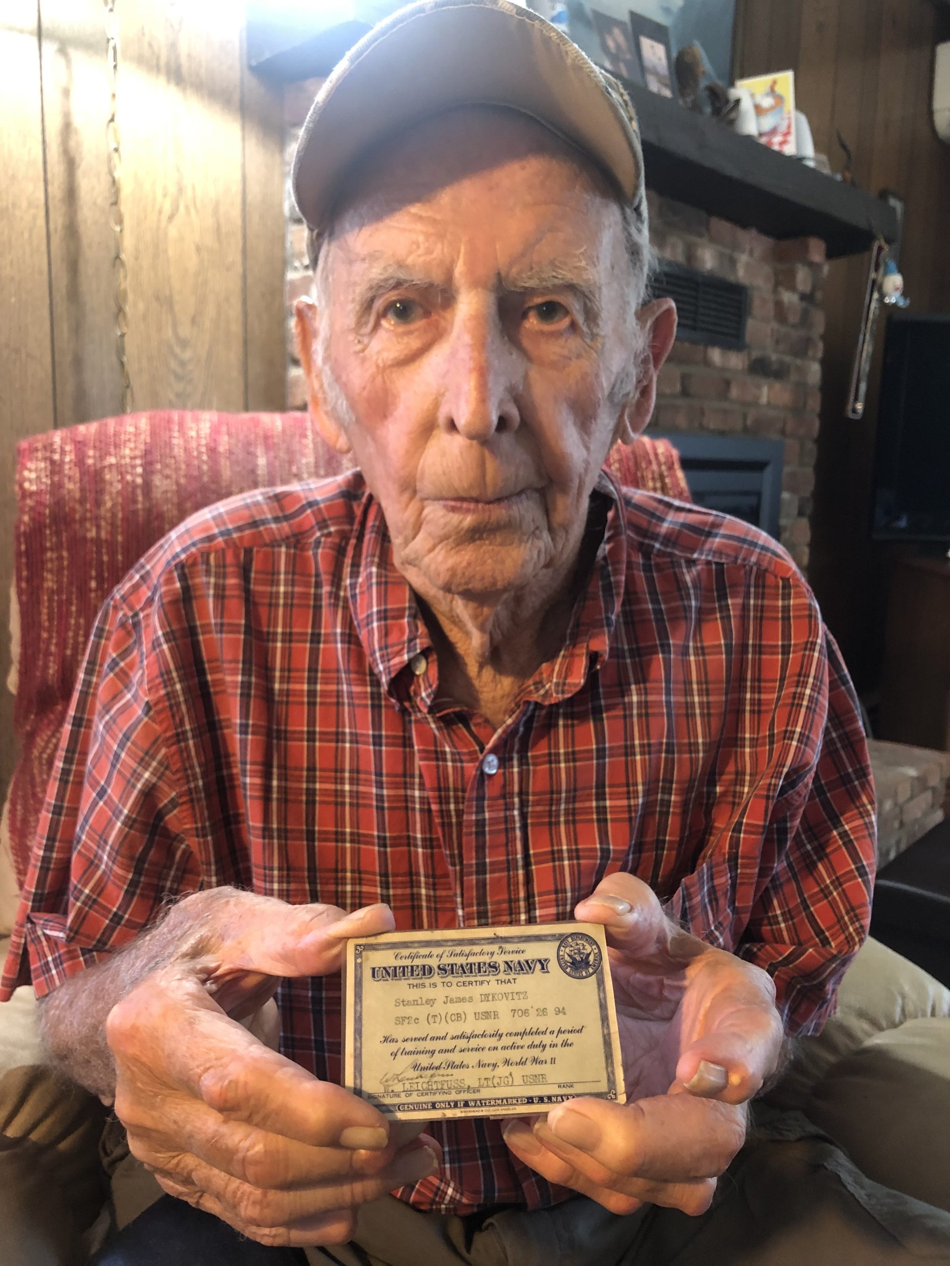 Southampton resident Stanley Dykovitz, a 99-year-old World War II veteran (who will turn 100 on Christmas Eve), still carries in his wallet his discharge card from his time serving in the U.S.  Navy. He's had the card in his wallet for more than 70 years.