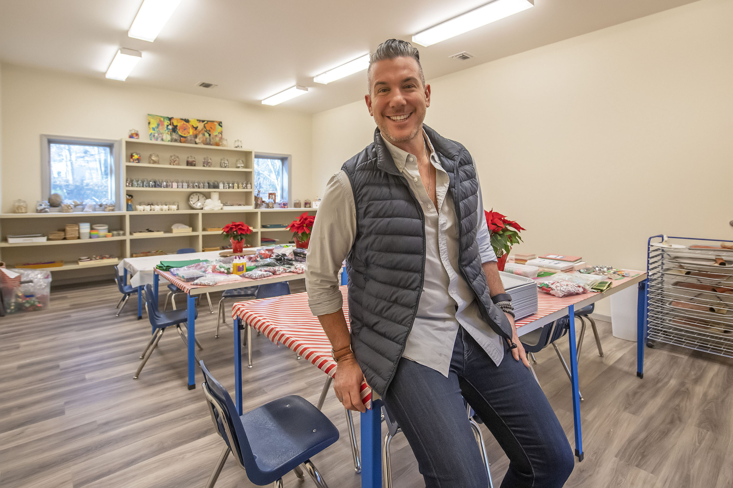 Aaron Goldschmidt at the new headquarters for his business, Shine, which hosts creative camps, workshops, and parties for kids. He took over the space on the Sag Harbor Bridgehampton Turnpike that previously was home to The Rainbow School preschool.