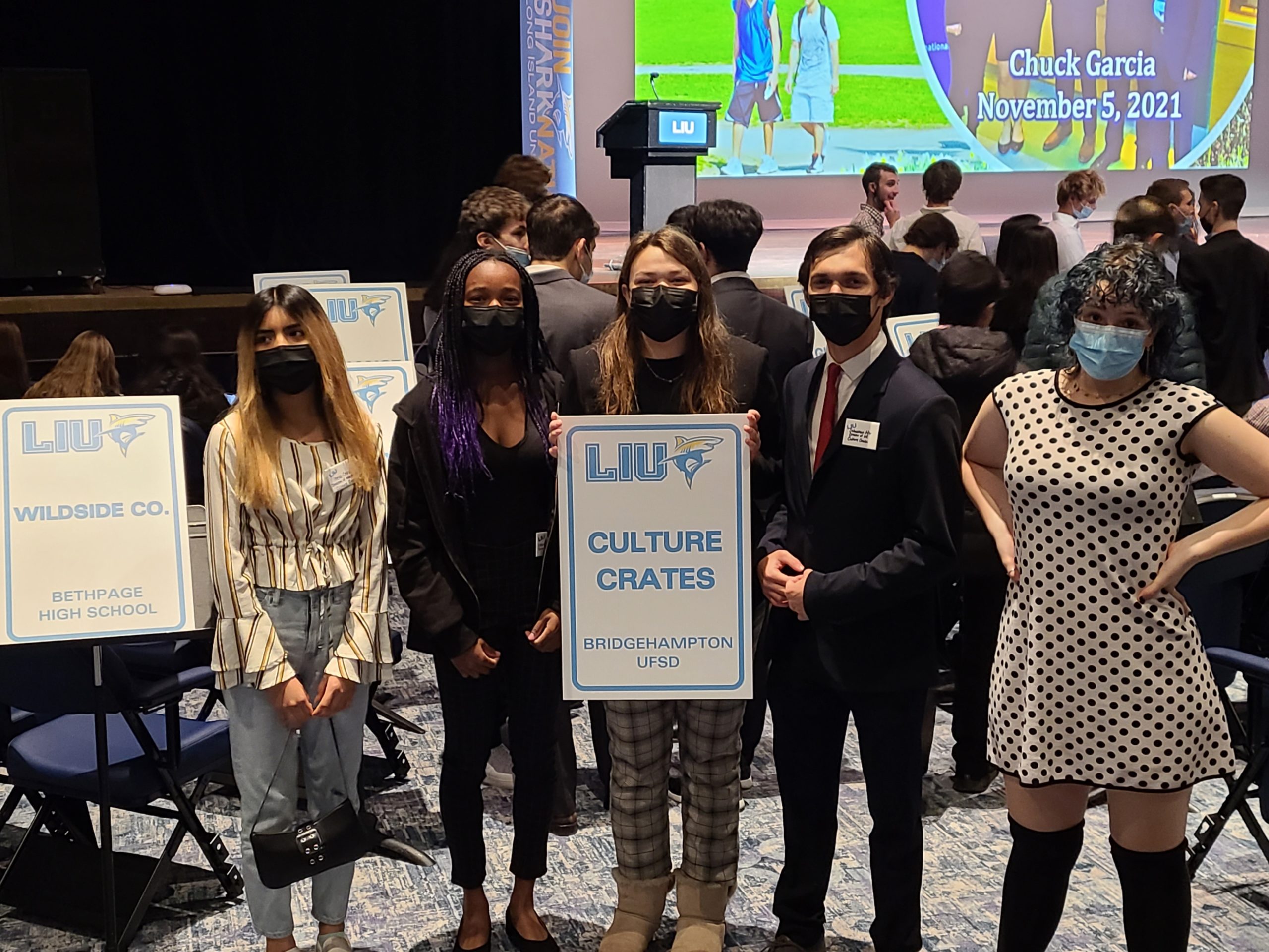 Bridgehampton High School’s Virtual Enterprise class attended a leadership conference at Long Island University. From left,  Perla Cruz, Leslie Samuel, Uma Comfort, Sebastian Mir and Morgan Watrous.