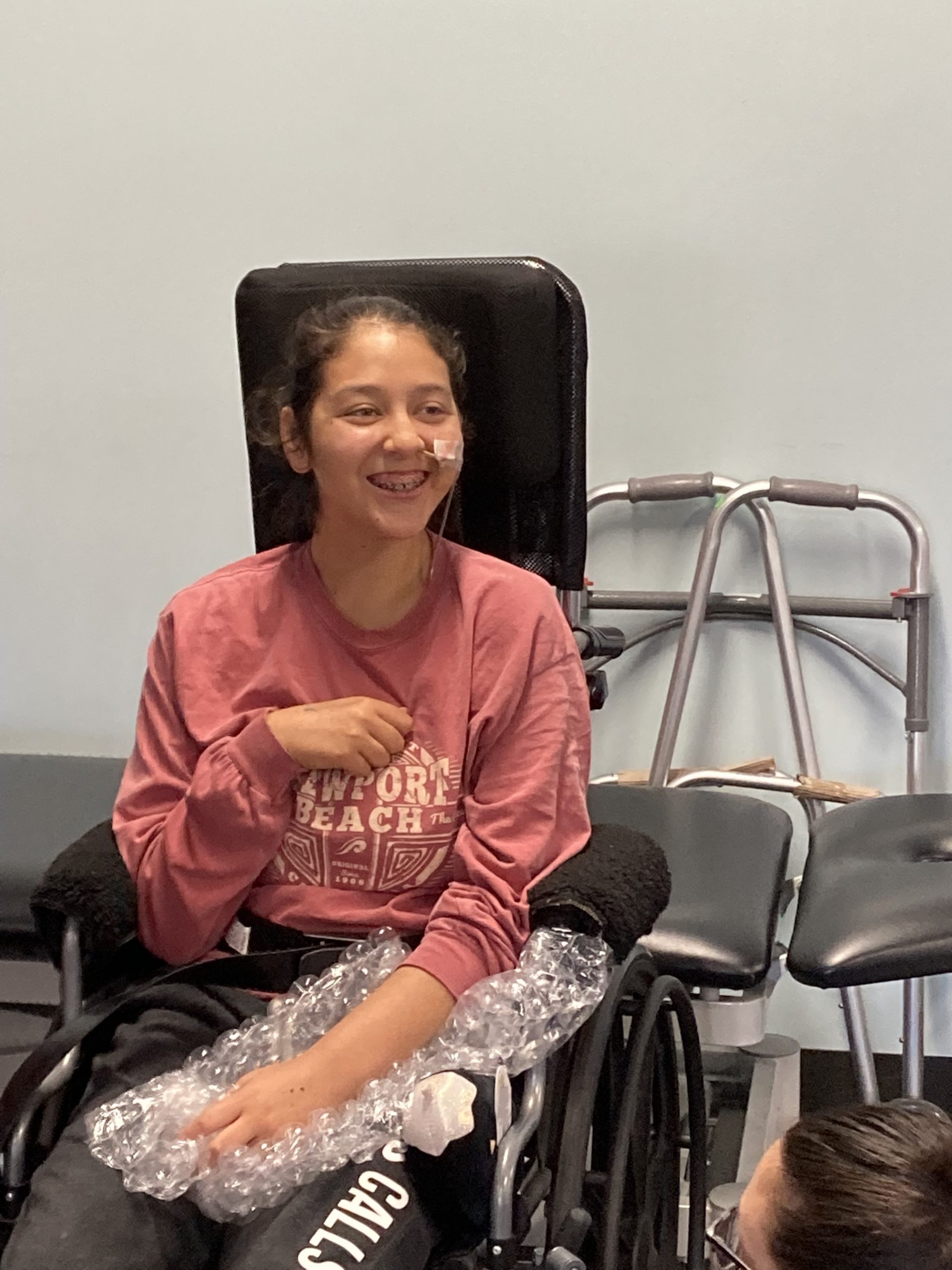 Bella Adlah in her first therapy session since regaining her vision last week at Re+active Physical Therapy in California.
