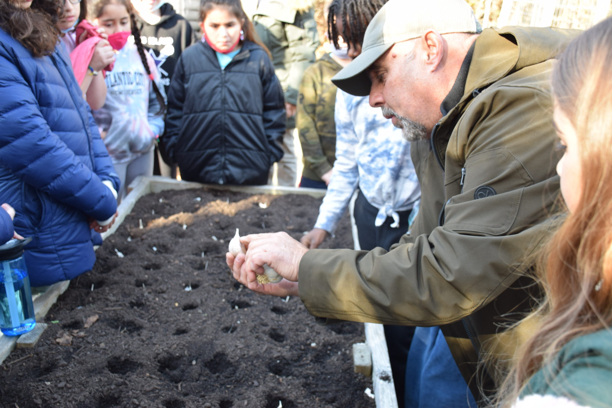 Westhampton Beach Elementary School students are learning about farming from organic farmer and educator Renato Stafford as part of a PTA-sponsored outdoor classroom project.