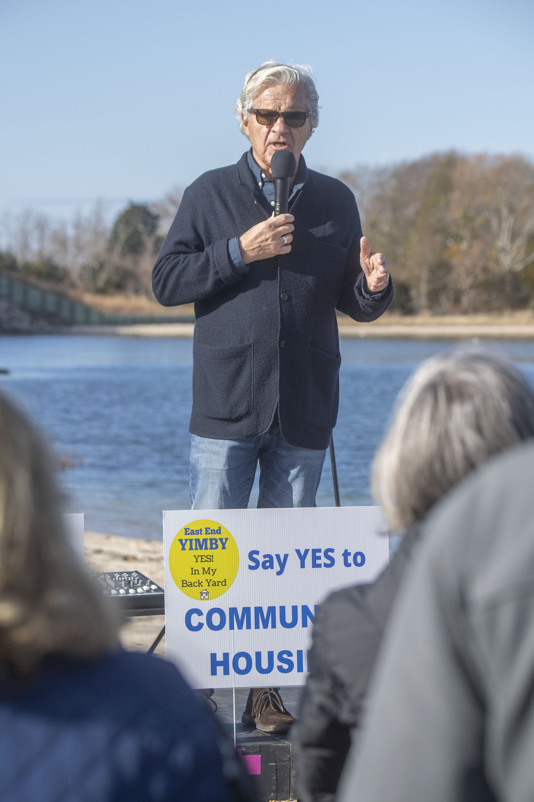 Sag Harbor Village Mayor Jim Larocca speaks at the East End YIMBY Rally for Affordable Housing, at the windmill on Long Wharf in Sag Harbor on Saturday.   MICHAEL HELLER