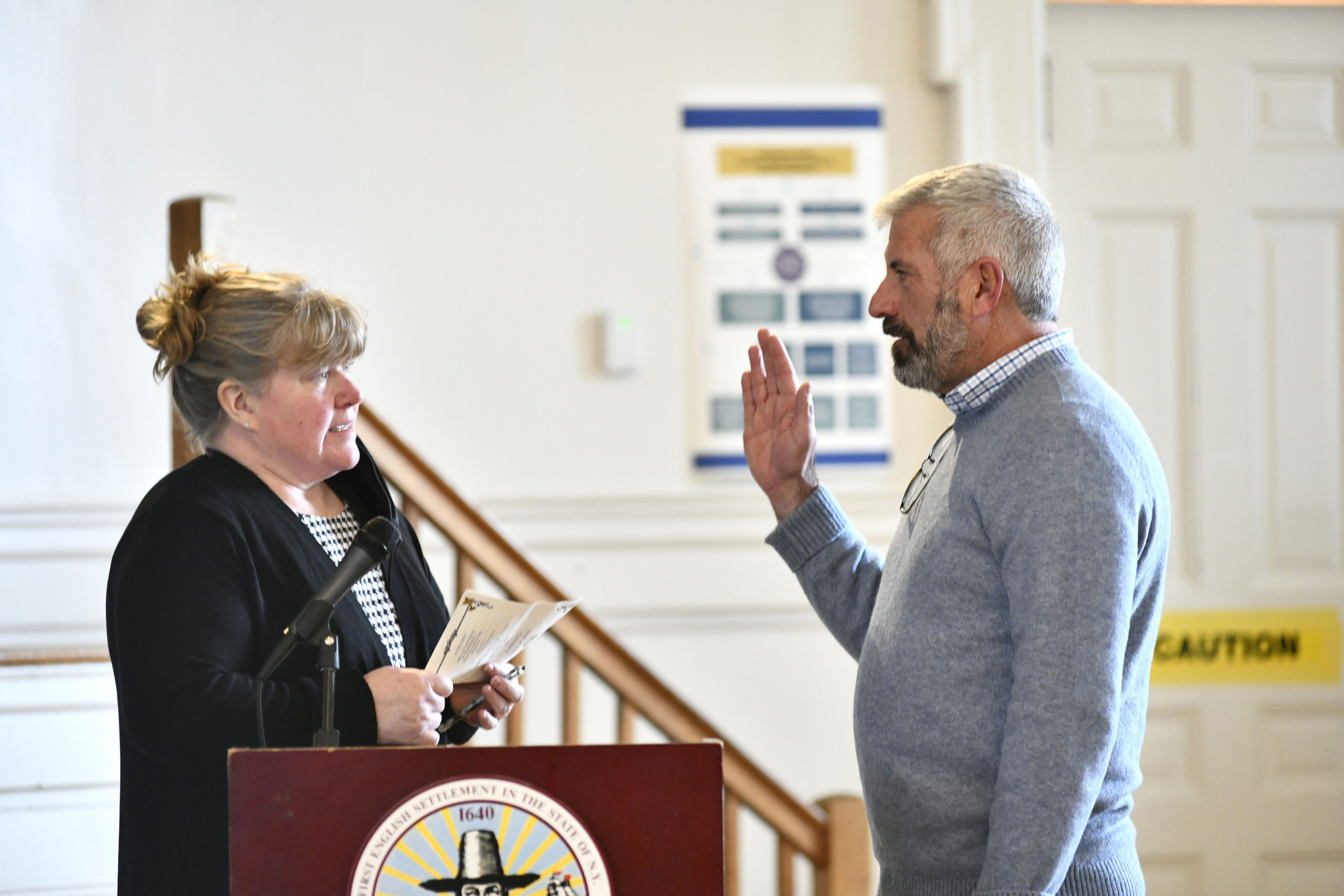 Charles McArdle is sworn in as Southampton Town Superintendent of Highways by Deputy Town Clerk Kimberly Ottati on Wednesday.