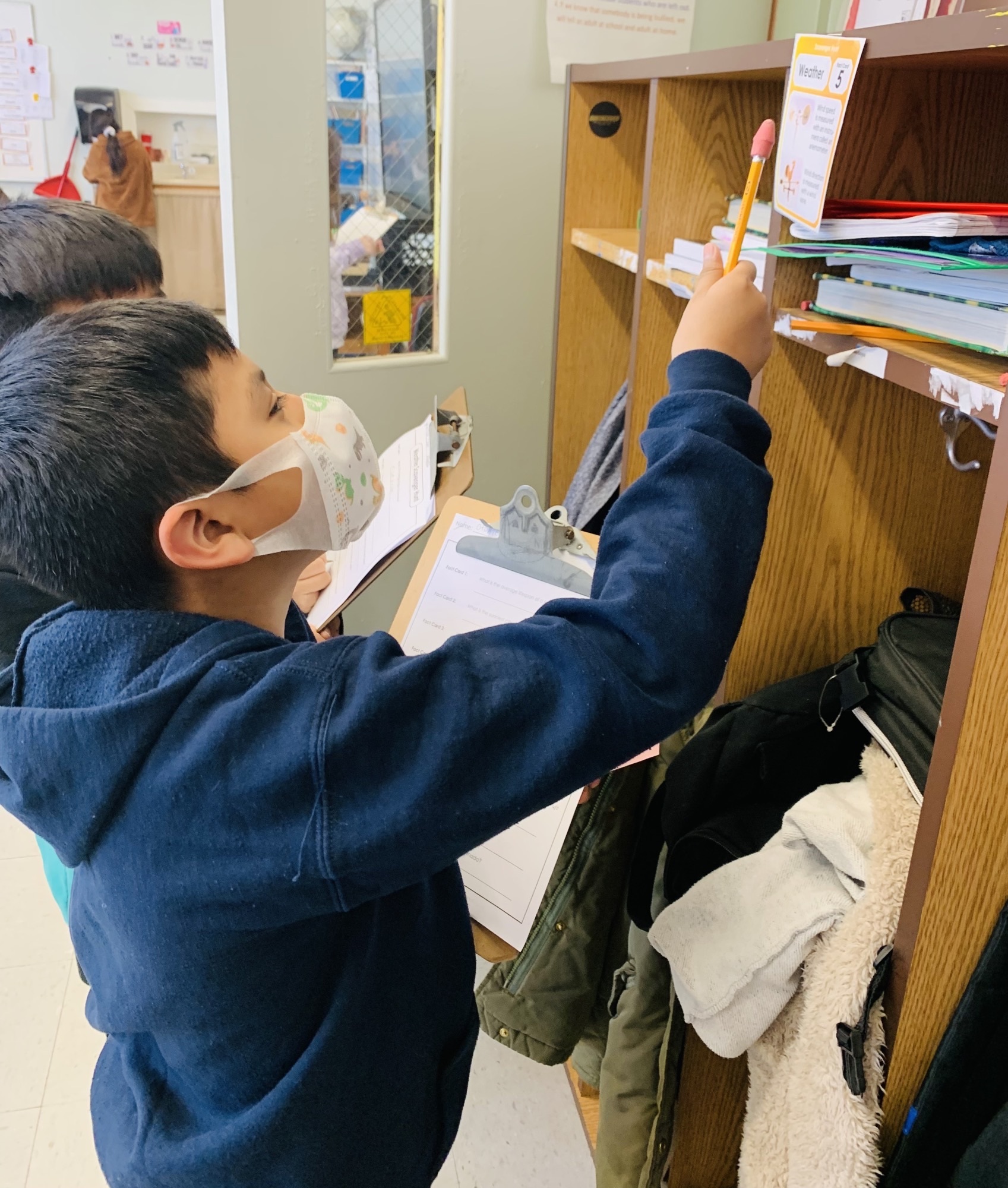 Krista Savino’s fourth grade class at Hampton Bays Elementary School recently participated in a  weather scavenger hunt. Students searched for fact cards around their classroom that helped them to answer questions on their clipboards. They learned amazing facts about all kinds of weather and shared the facts that they thought were the most interesting, including that tornadoes last about 10 minutes and lightning bolt temperatures can be 50,000 degrees Fahrenheit.