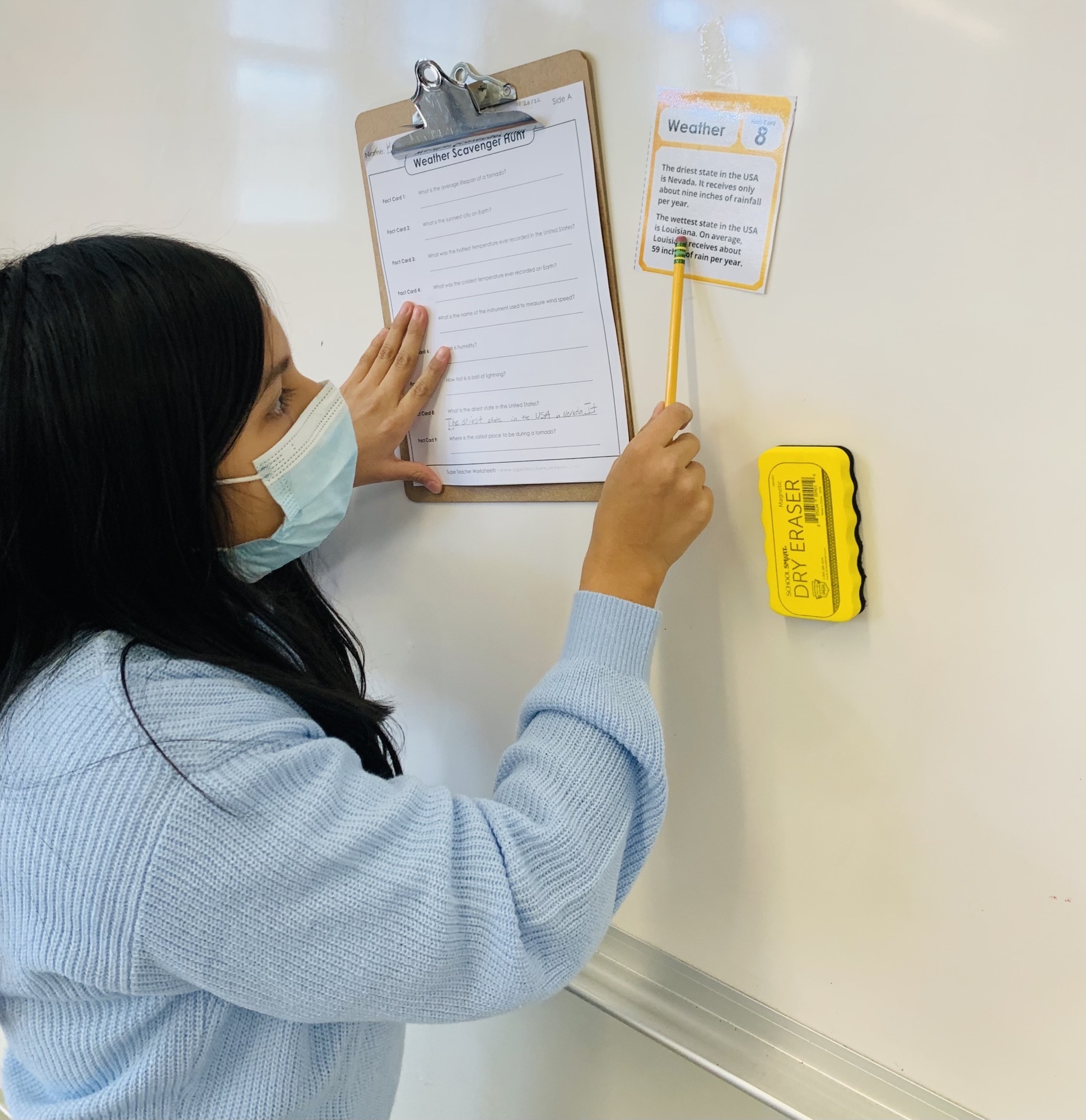 Krista Savino’s fourth grade class at Hampton Bays Elementary School recently participated in a  weather scavenger hunt. Students searched for fact cards around their classroom that helped them to answer questions on their clipboards. They learned amazing facts about all kinds of weather and shared the facts that they thought were the most interesting, including that tornadoes last about 10 minutes and lightning bolt temperatures can be 50,000 degrees Fahrenheit.