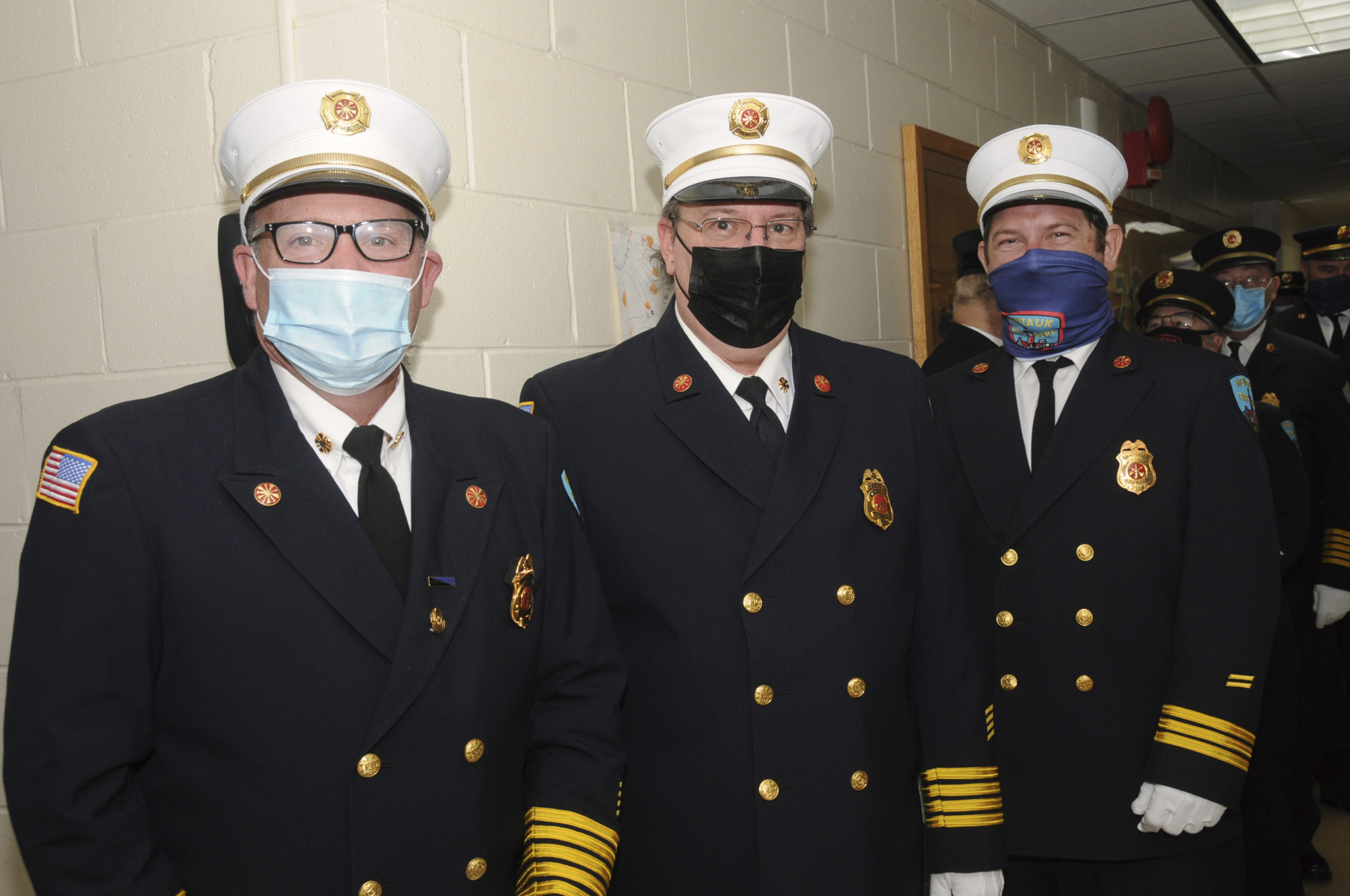 Every January 1, the Installation of Officers of the Montauk Fire Department is held at the Firehouse, making it official for the new year. Taking oaths for 2022 were, left to right, Chief Scott Snow, First Assistant Chief Kenneth Glogg and Second Assistant Chief Peter Joyce, Jr.    RICHARD LEWIN