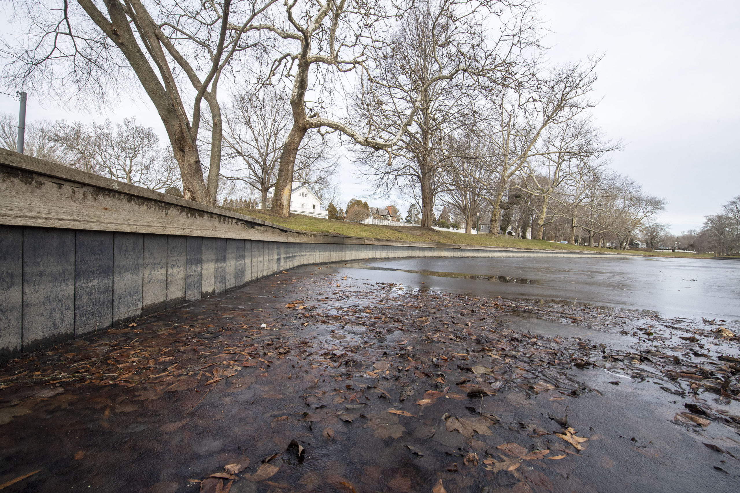 A dredging project, a malfunctioning pump and leaking bulkhead have prevented Town Pond, at the entrance to East Hampton Village, from refilling.