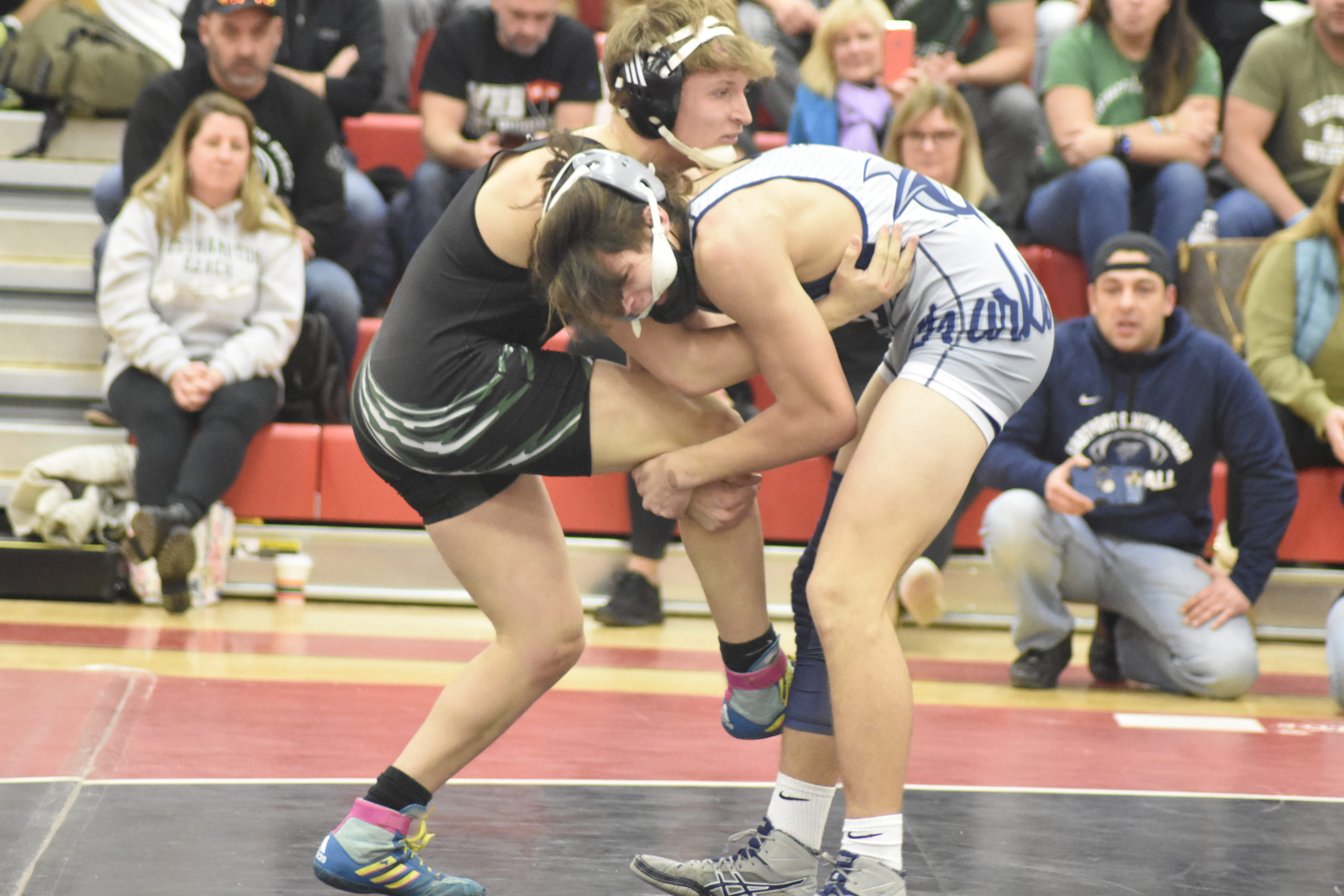 Dom Jurgel of Westhampton Beach tries to block an incoming takedown from ESM's Paul Drummond.