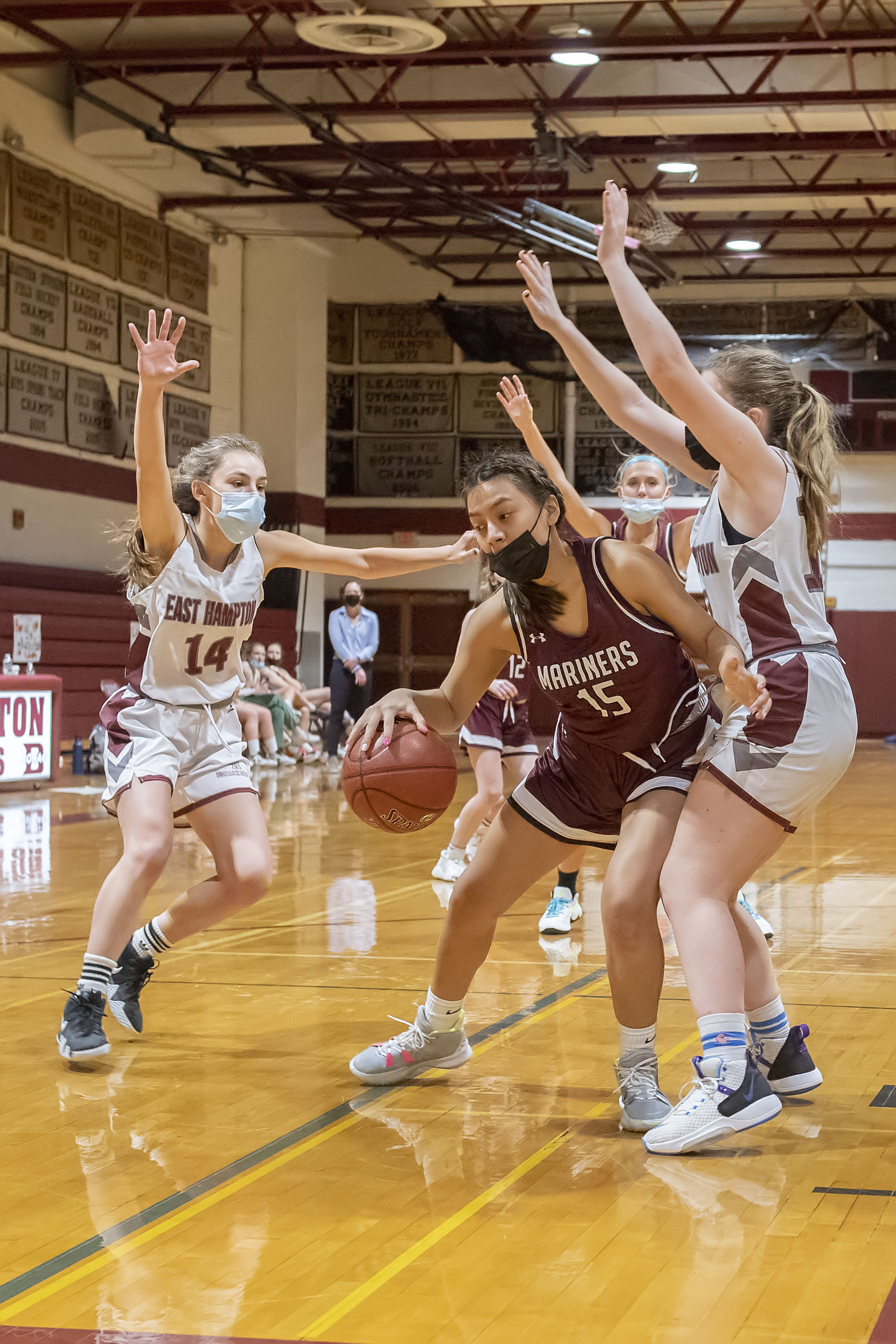 Southampton's *** is double-teamed by Ava Arcoleo and Claire McGovern.