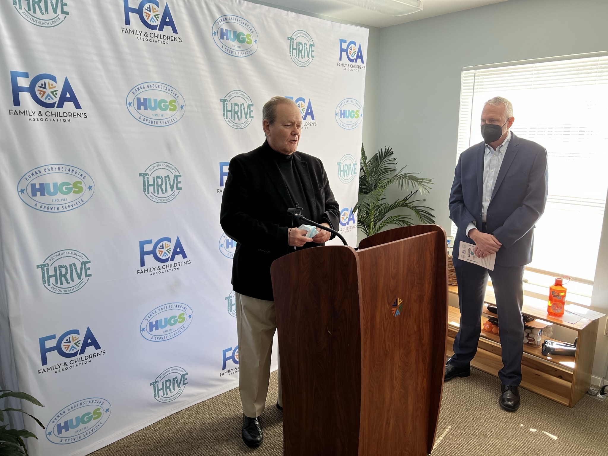 Journalist and addiction activist Drew Scott speaks during a ceremony at the opening of the Thrive recovery center in Westhampton Beach on Monday. BILL SUTTON