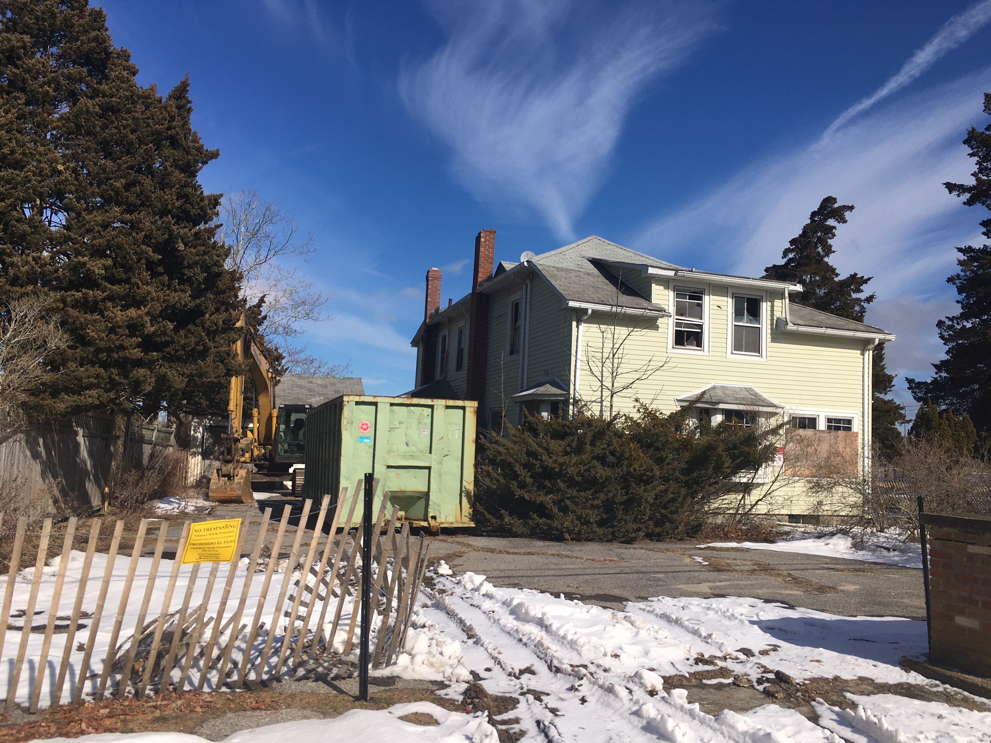 Demolition equipment arrived at the Bay Avenue, East Quogue blight house  this week.     KITTY MERRILL