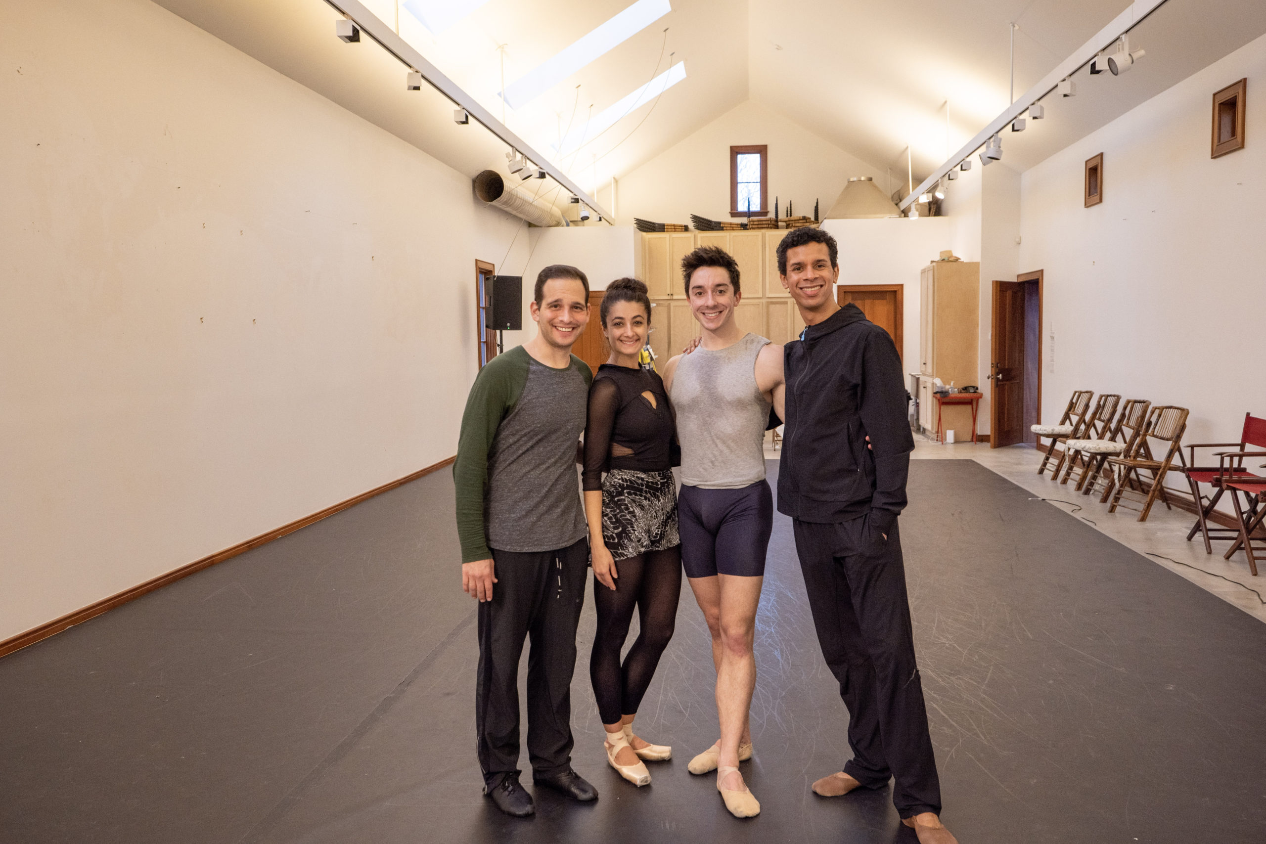 Hamptons Dance Project in rehearsal at the Guild Hall William P. Rayner Artist-in-Residence studio. From left, Craig Salstein, Lauren Bonfiglio, Tyler Maloney and Jose Sebastian. © JOE BRONDO FOR GUILD HALL