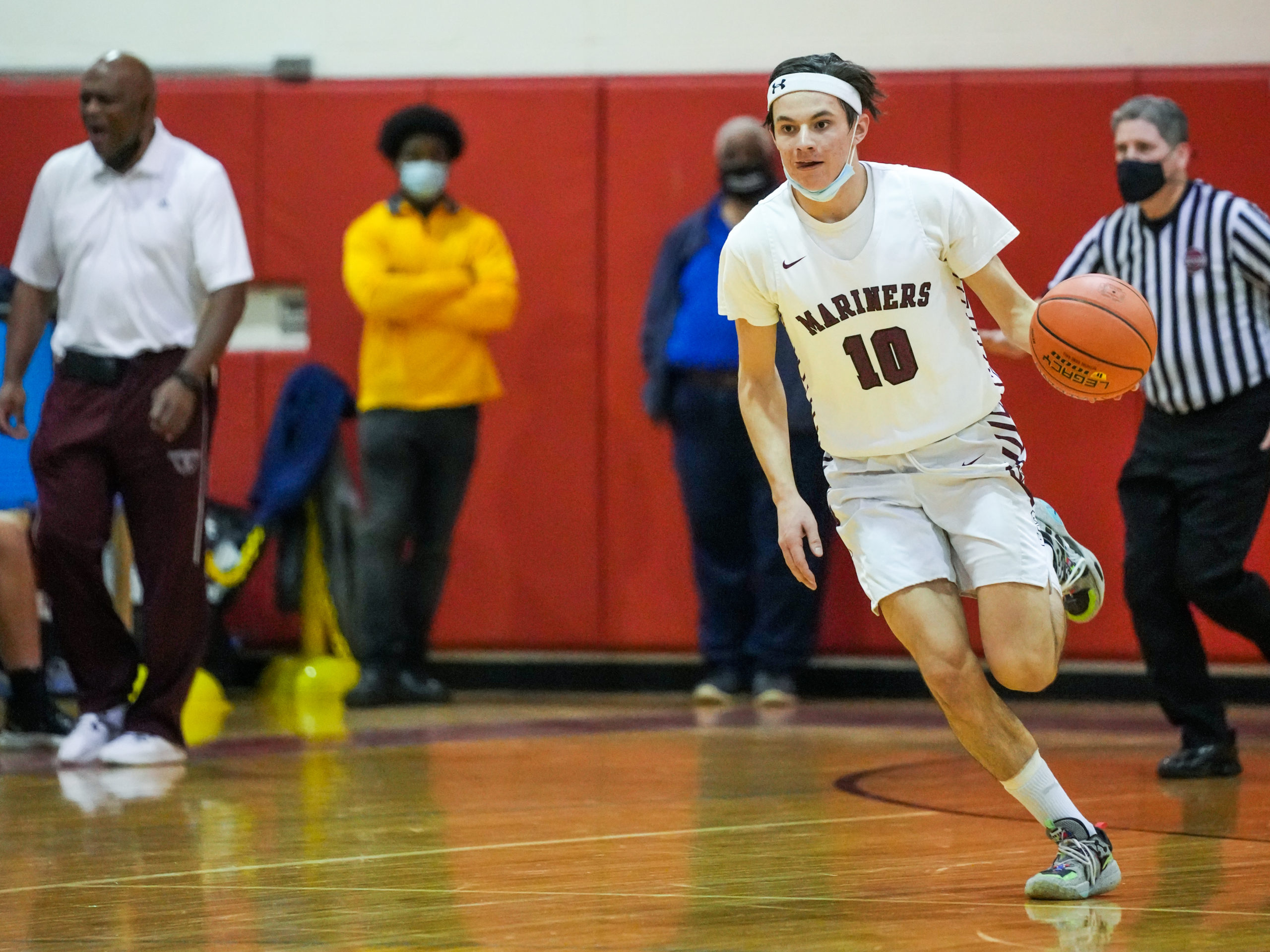 Southampton senior co-captain Andrew Venesina brings the ball down the court.