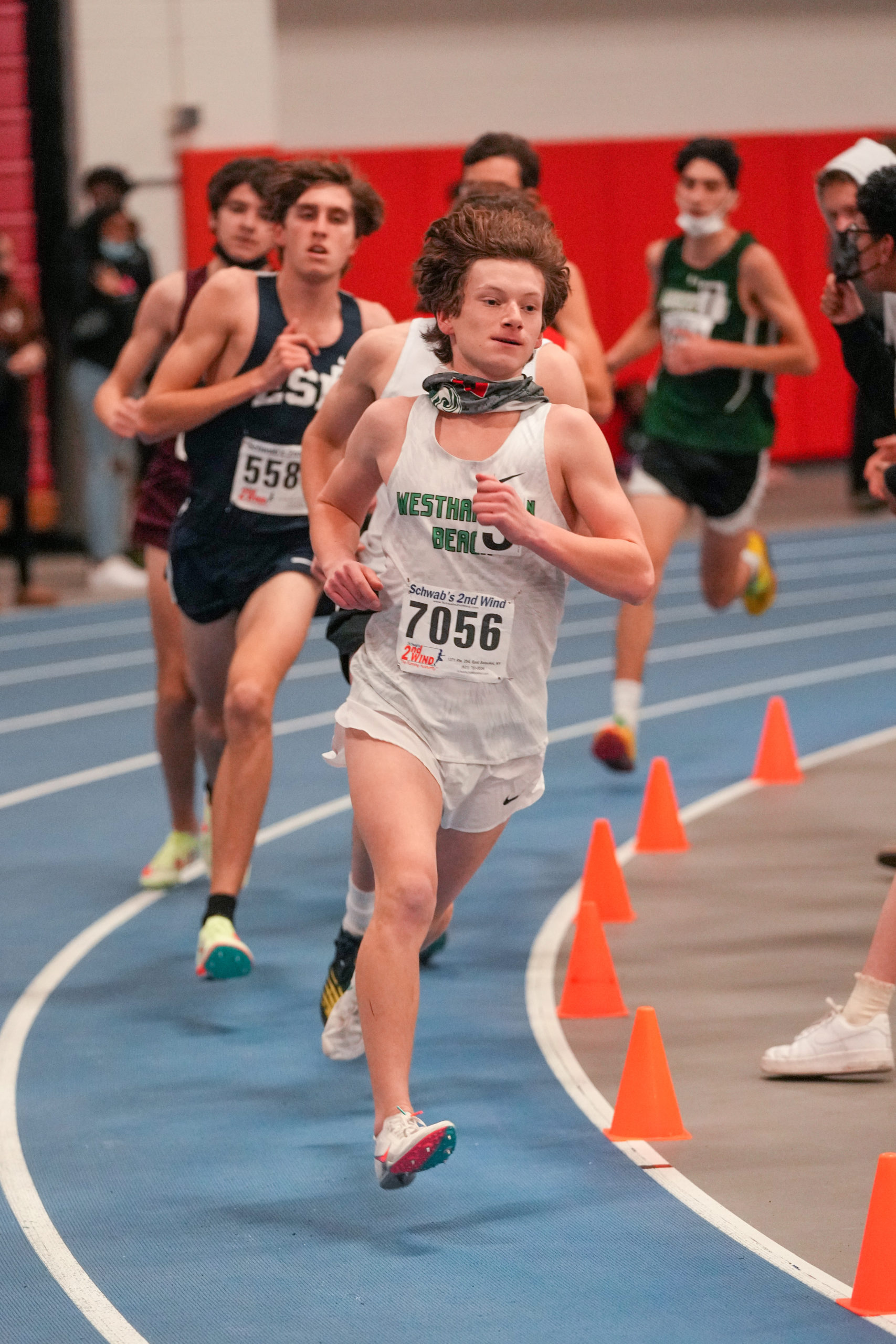Westhampton Beach junior Max Haynia with a sizeable lead in the 3,200-meter race.