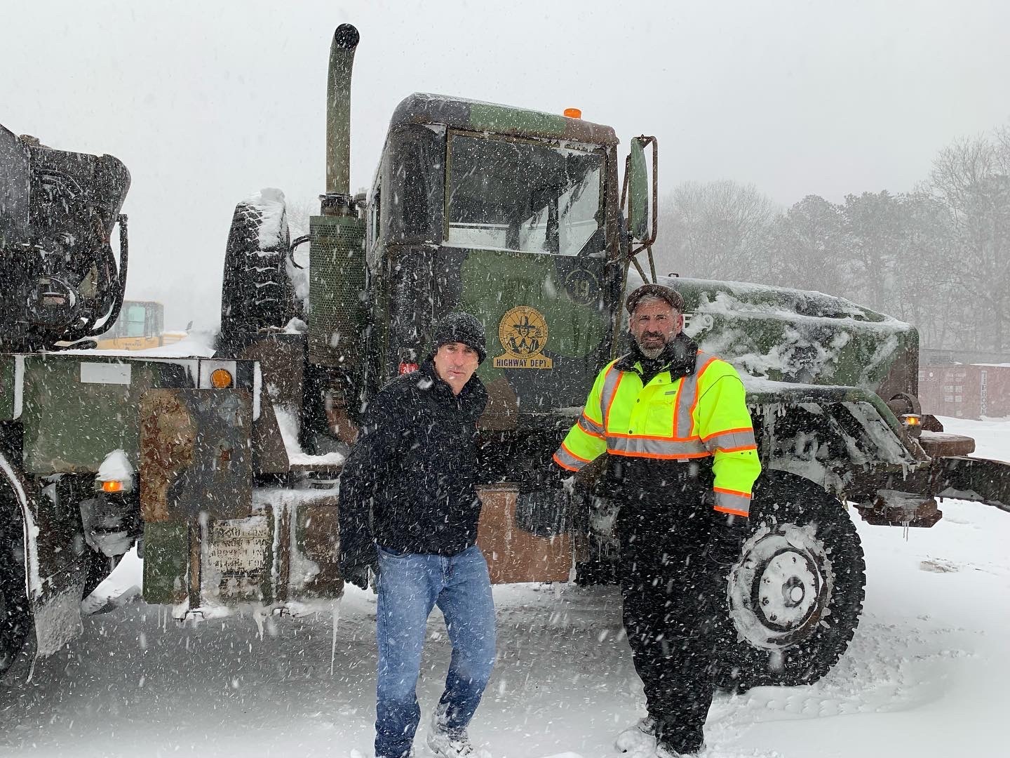 Southampton Town Supervisor Jay Schneiderman, shown alongside highway superintendent Charlie McArdle, was out assessing conditions on Saturday and helped several motorists who he came across stranded on roadways in the town.