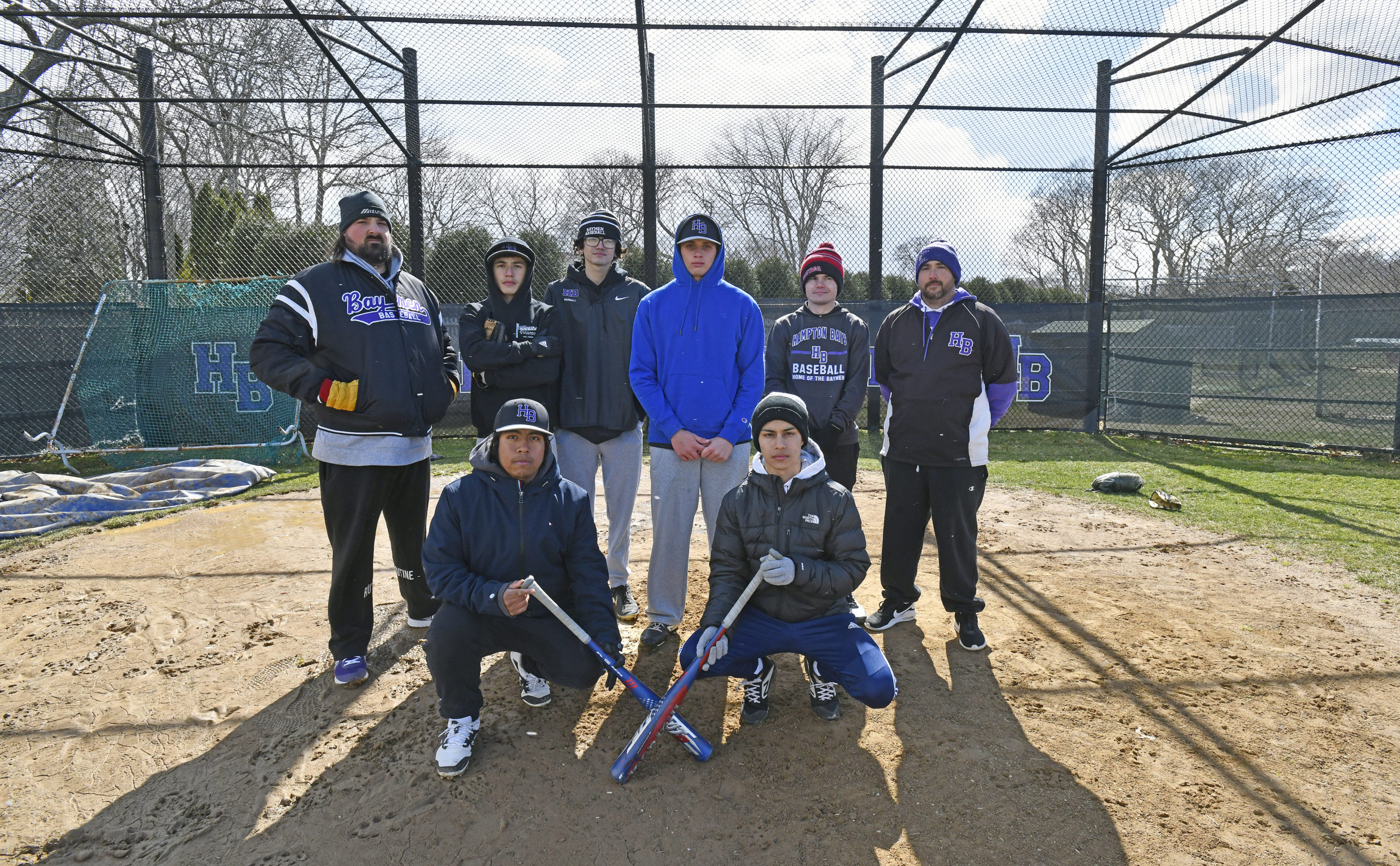 Hampton Bays seniors and coaches include, from top left, assistant coach Dan Martel, Brandon Araya, Hayden Bevis, James Clinton, assistant coach Andrew Hafemeister and head coach Rob Pinney; and from bottom left, Gustavo Reyes and Rodrigo Quintanilla. Aidan Kamp, not pictured, is another returning senior.   DANA SHAW