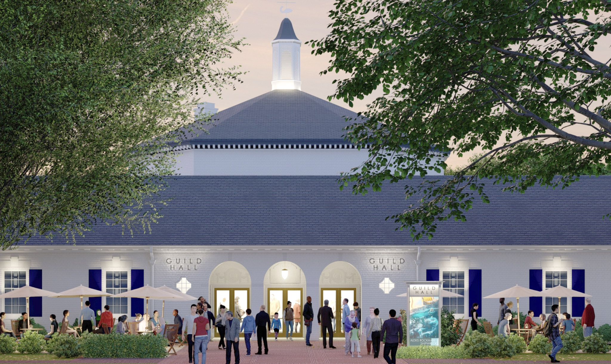 Exterior design image of Guild Hall's planned renovation. © GUILD HALL, PETER PENNOYER ARCHITECTS, AND HOLLANDER DESIGN LANDSCAPE ARCHITECTS, 2022.
