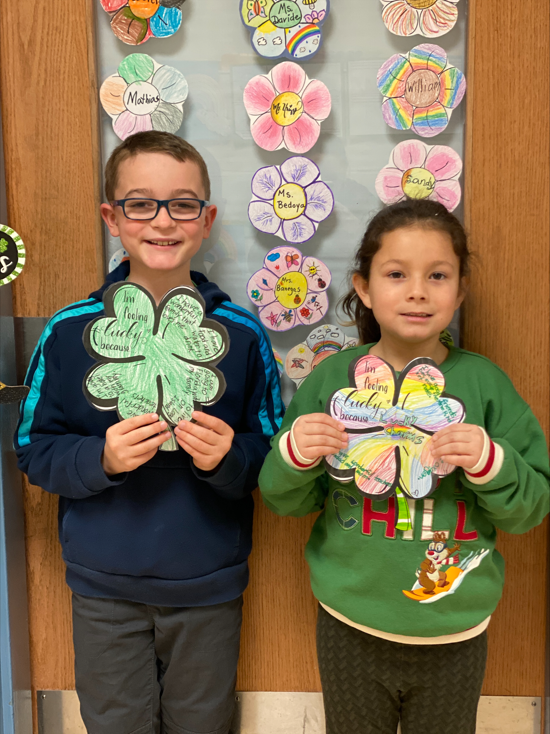 Hampton Bays Elementary School students are gearing up for St. Patrick’s Day through a variety of fun and engaging learning activities, including an activity in Claire Urizzo’s third grade class in which students practiced their writing skills by penning some of the reasons they feel lucky on paper shamrocks. Jennifer Warren’s third graders used paper shamrocks to
practice the different ways to represent fractions. They also jotted down the reasons they feel lucky on a decorative project featuring a rainbow and pot of gold.
