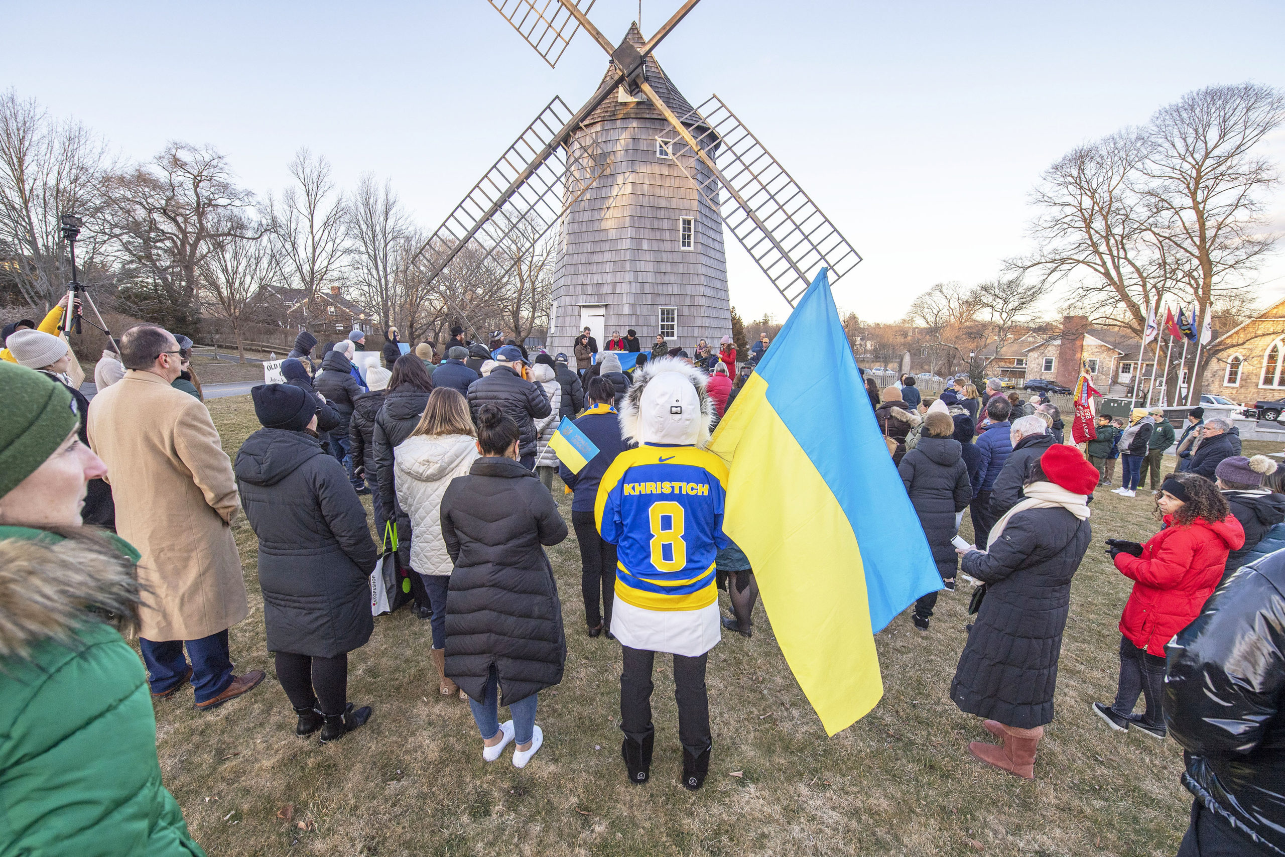 A rally in support of Ukraine during the current Russian invasion was held last Thursday on the Hook Mill Village Green in East Hampton. MICHAEL HELLER