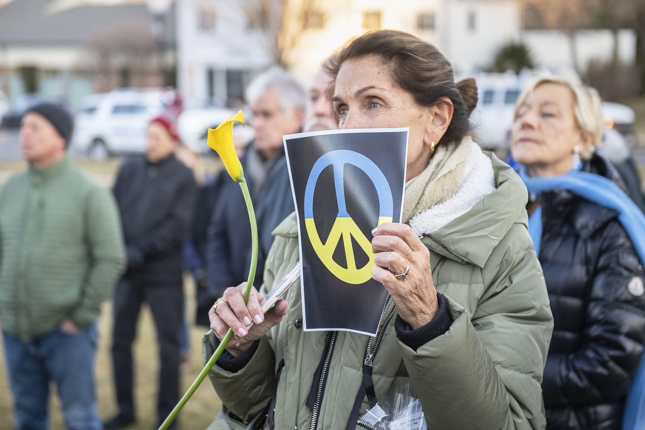 A rally in support of Ukraine during the current Russian invasion was held last Thursday on the Hook Mill Village Green in East Hampton. MICHAEL HELLER