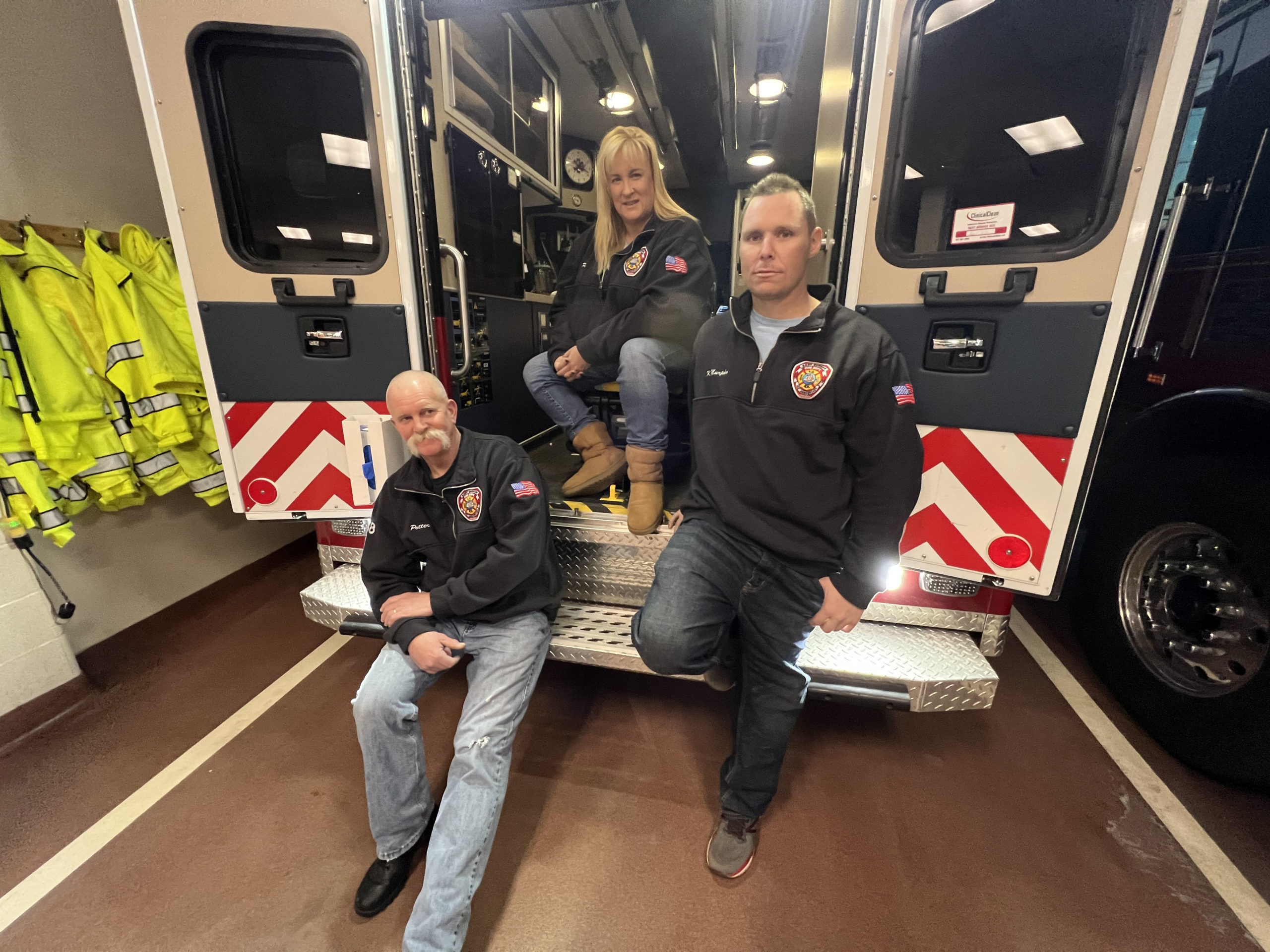 East Quogue Fire Department Ambulance Ex-Chief William Potter EMS Captain, EMT & Firefighter Faith Erwin, and Firefighter Kevin Murphy.    DANA SHAW