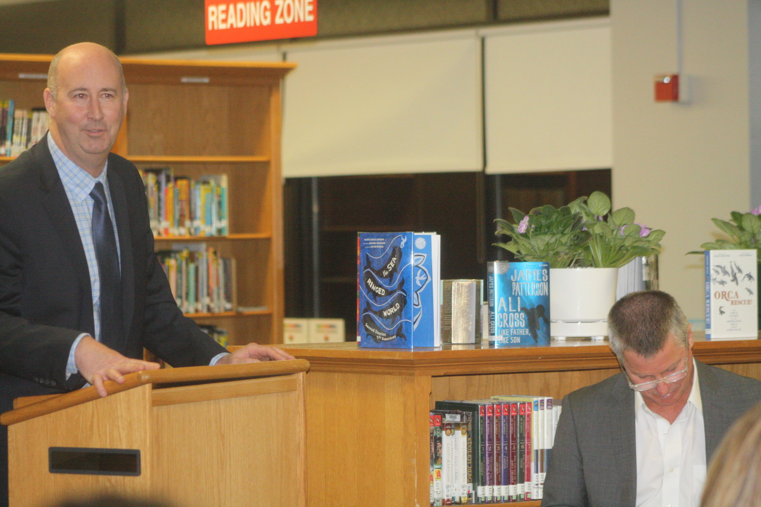 Sag Harbor Elementary School Principal Matt Malone, left, and Superintendent Jeff Nichols, right, at Monday night's meeting. It was the first in-person (hybrid) meeting in several months in the district.