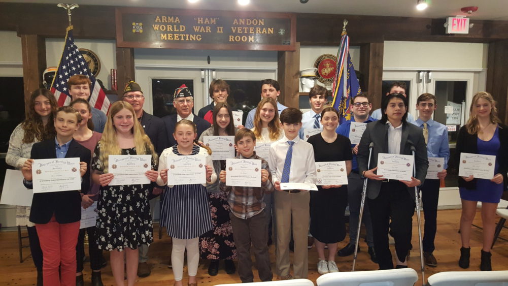 Students from three local schools were honored at the Veterans of Foreign Wars Post 5350 in Westhampton Beach on March 24. These students competed in written and oral essay competitions know as Patriots Pen at the middle school level and Voice of Democracy at the high school level. The themes this year were