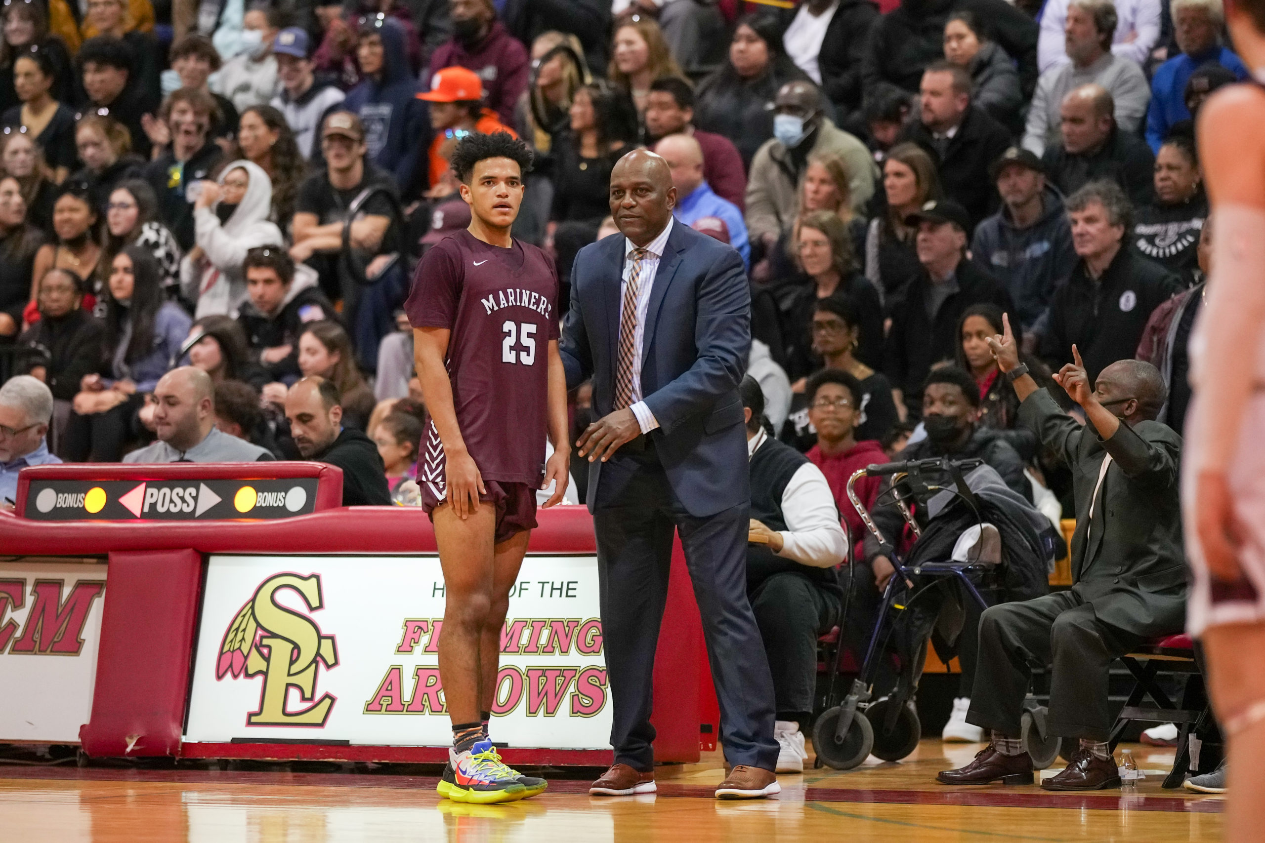 Southampton head coach Herm Lamison has a word with LeBron Napier.   RON ESPOSITO