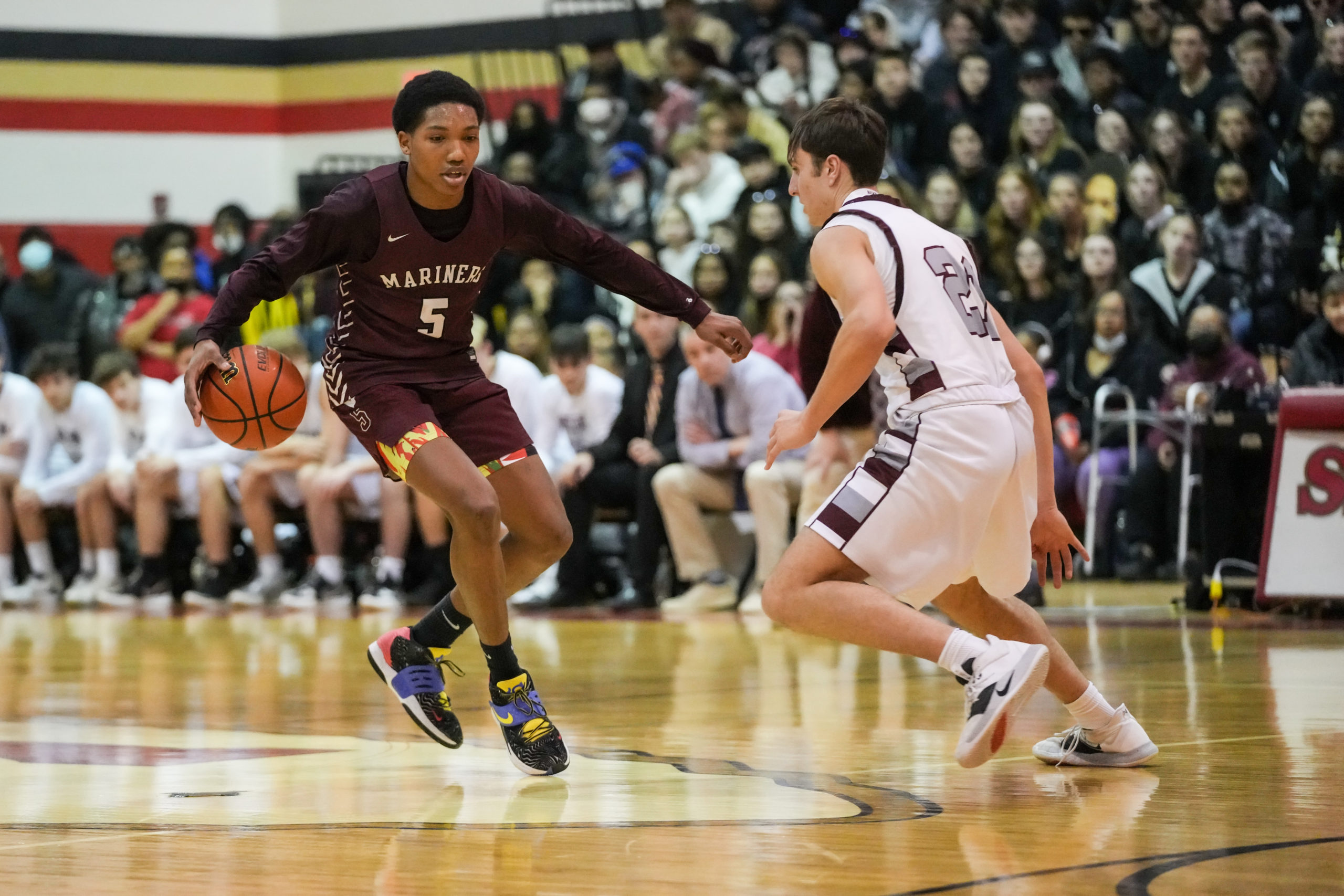 Southampton freshman Naevon Jenkins takes on Kings Park senior Andrew Plate.   RON ESPOSITO