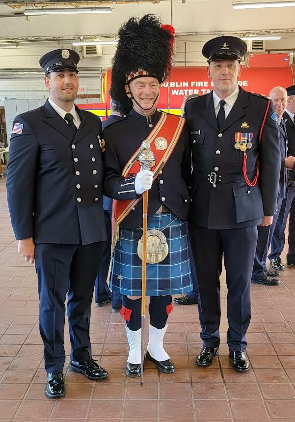 The Fynes men -- Southampton Firefighter Graham Fynes, his father Damien, a retired District Officer and current Drum Major of the Dublin Fire Brigade Pipe Band, and brother Dan, an officer in the DFB Social Club.