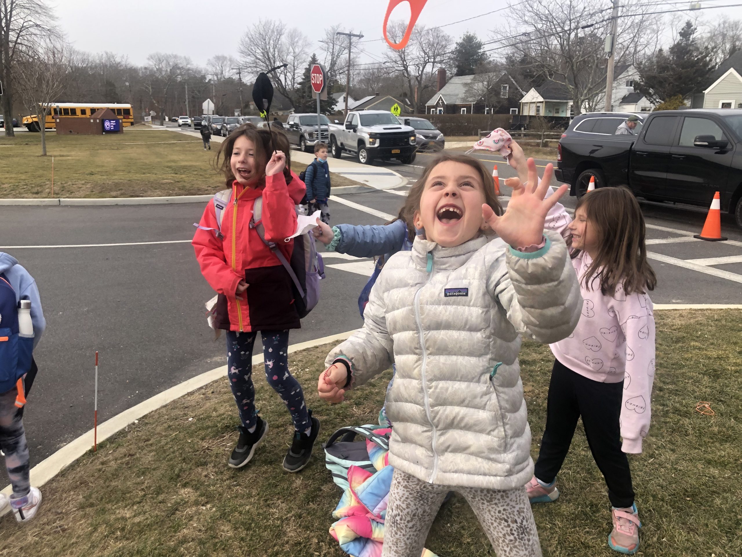 East Quogue School students celebrate during dismissal on Tuesday, which was the final day that masks would be mandatory in their school.