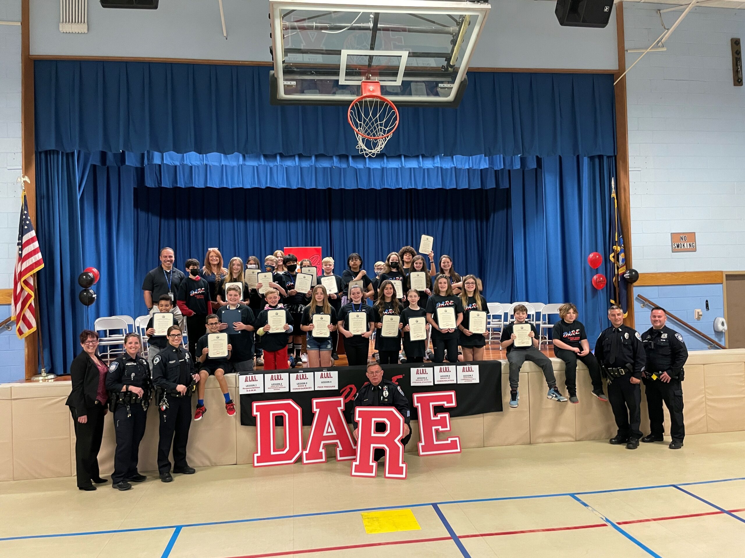 Southampton Town Police Department graduated the Remsenburg Speonk Elementary School sixth grade D.A.R.E. class, taught by School Resource Officer Eric Plum. The class is the first since the program returned after not being offered through the town police department since 2008.  COURTESY SOUTHAMPTON TOWN POLICE DEPARTMENT