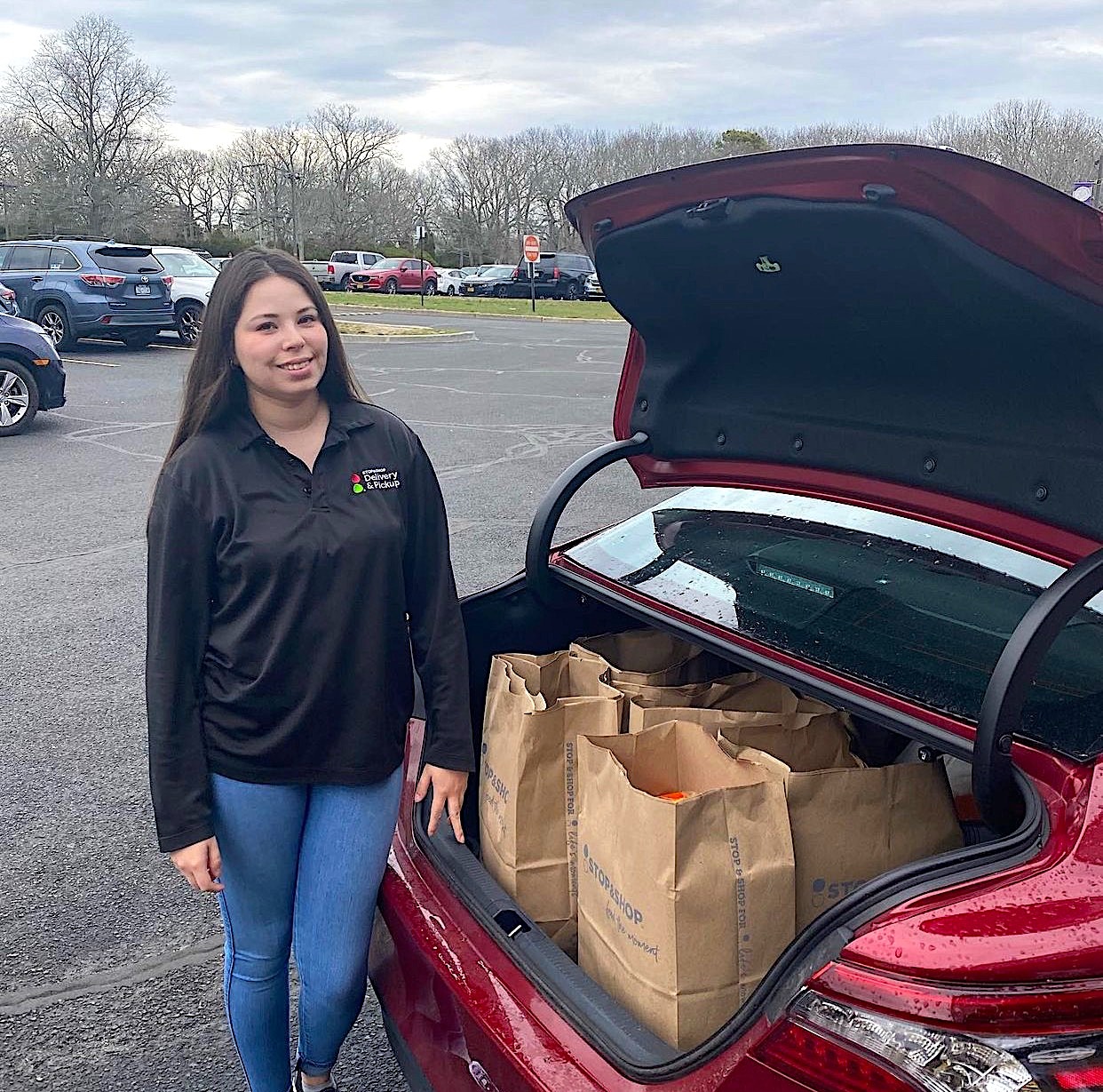 Ashley from Stop & Shop drops off donations to Hampton Bays High School for its Food For Thought food pantry. HAMPTON BAYS SCHOOL DISTRICT