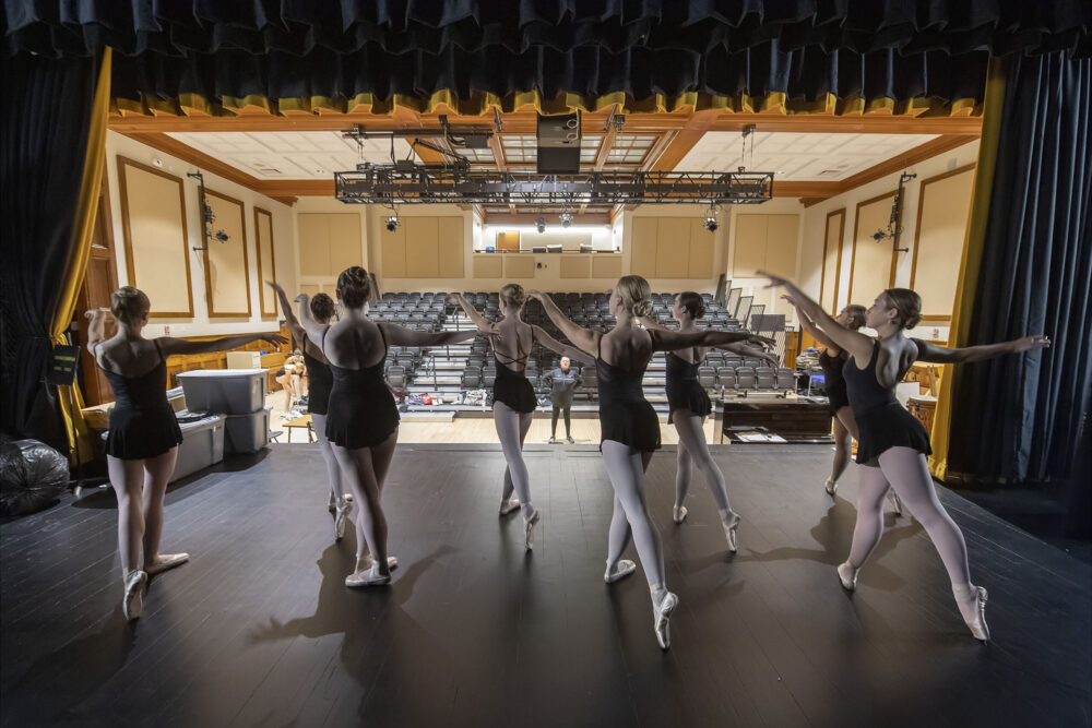 Hampton Ballet Theatre School Director Sara Jo Strickland works with some of her senior dancers in the new theater space at the Bridgehampton School on  April 10.