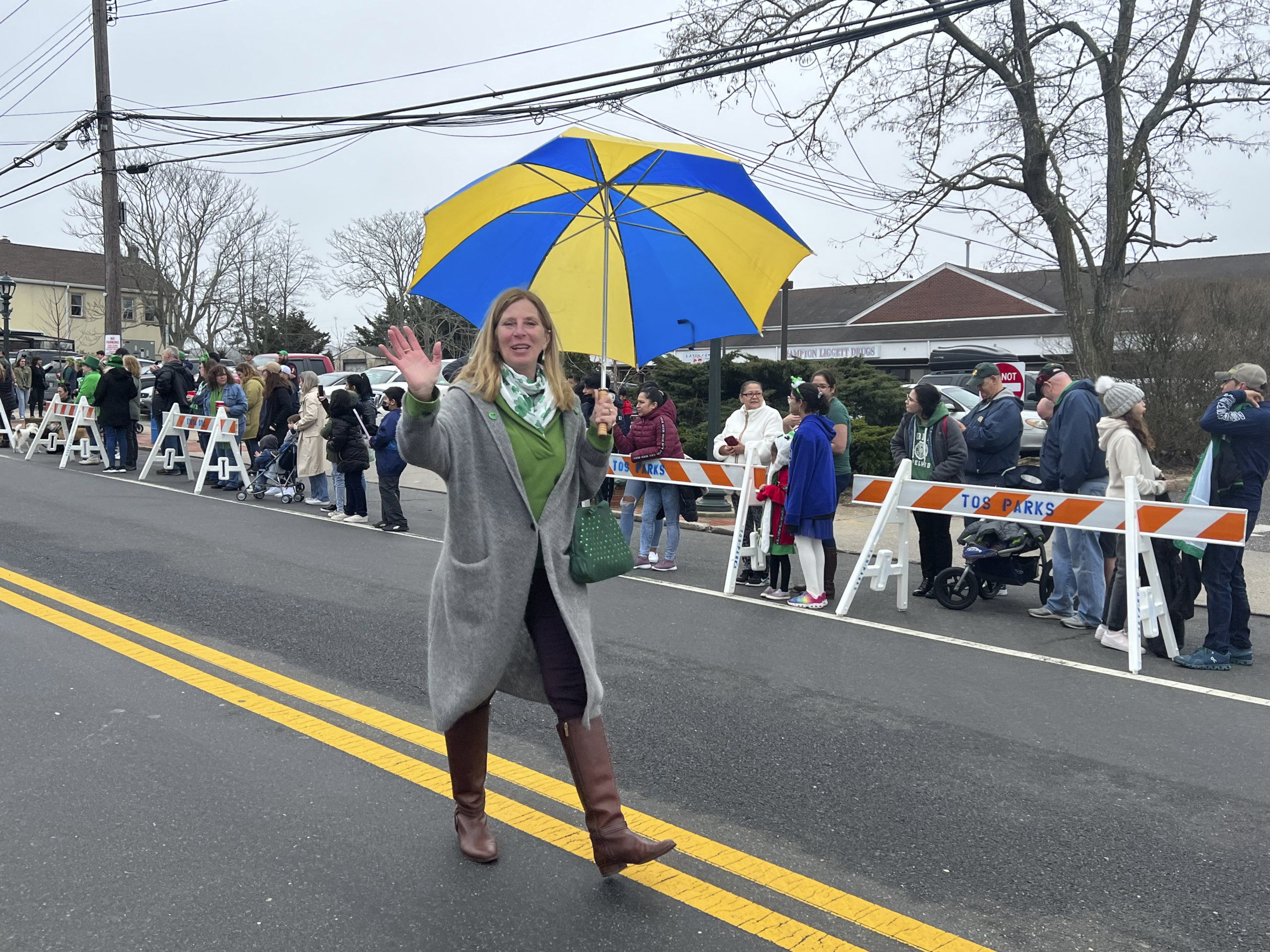 Judge Barbara Wilson showing her support for Ukraine at the Hampton Bays St. Patrick's Day parade on March 19.  DANA SHAW