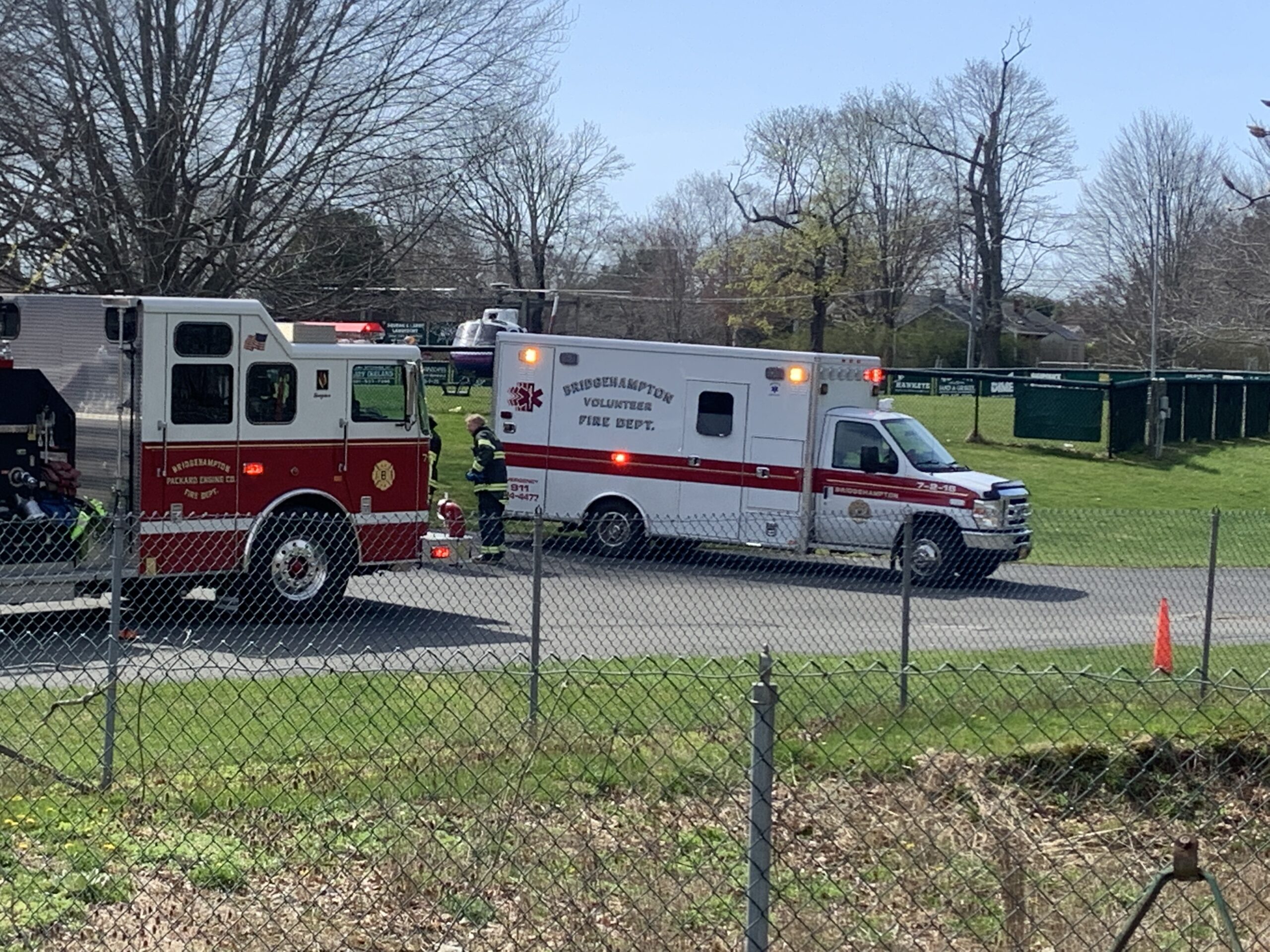 A Suffolk County Police Medevac helicopter arrived at the Bridgehampton Firehouse to transfer the injured motorcyclist. STEPHEN J. KOTZ