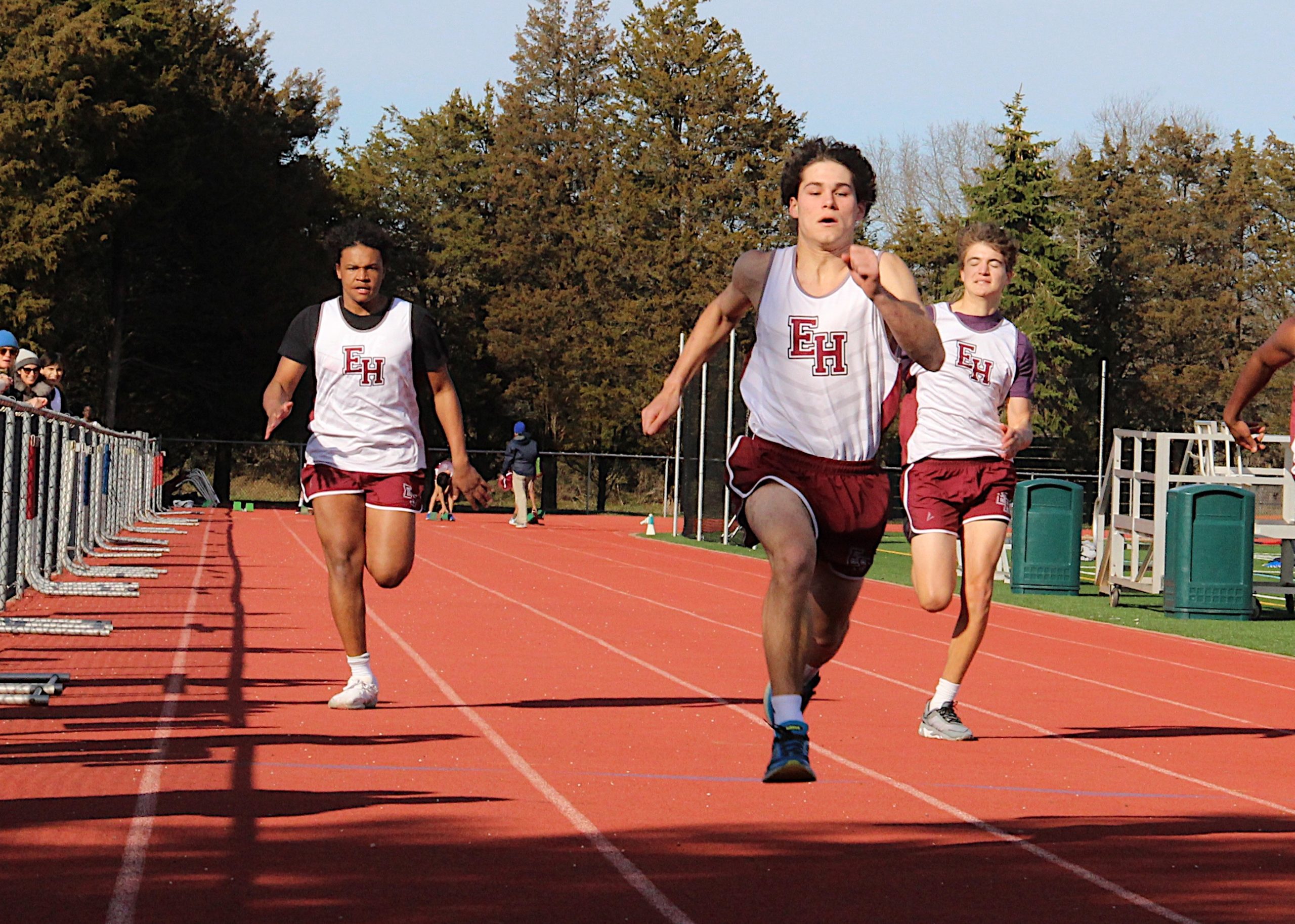 Pierson's Irving Desir, East Hampton's Dante Sasso and Pierson's Luke Winenga compete in a race on Monday.   KYRIL BROMLEY
