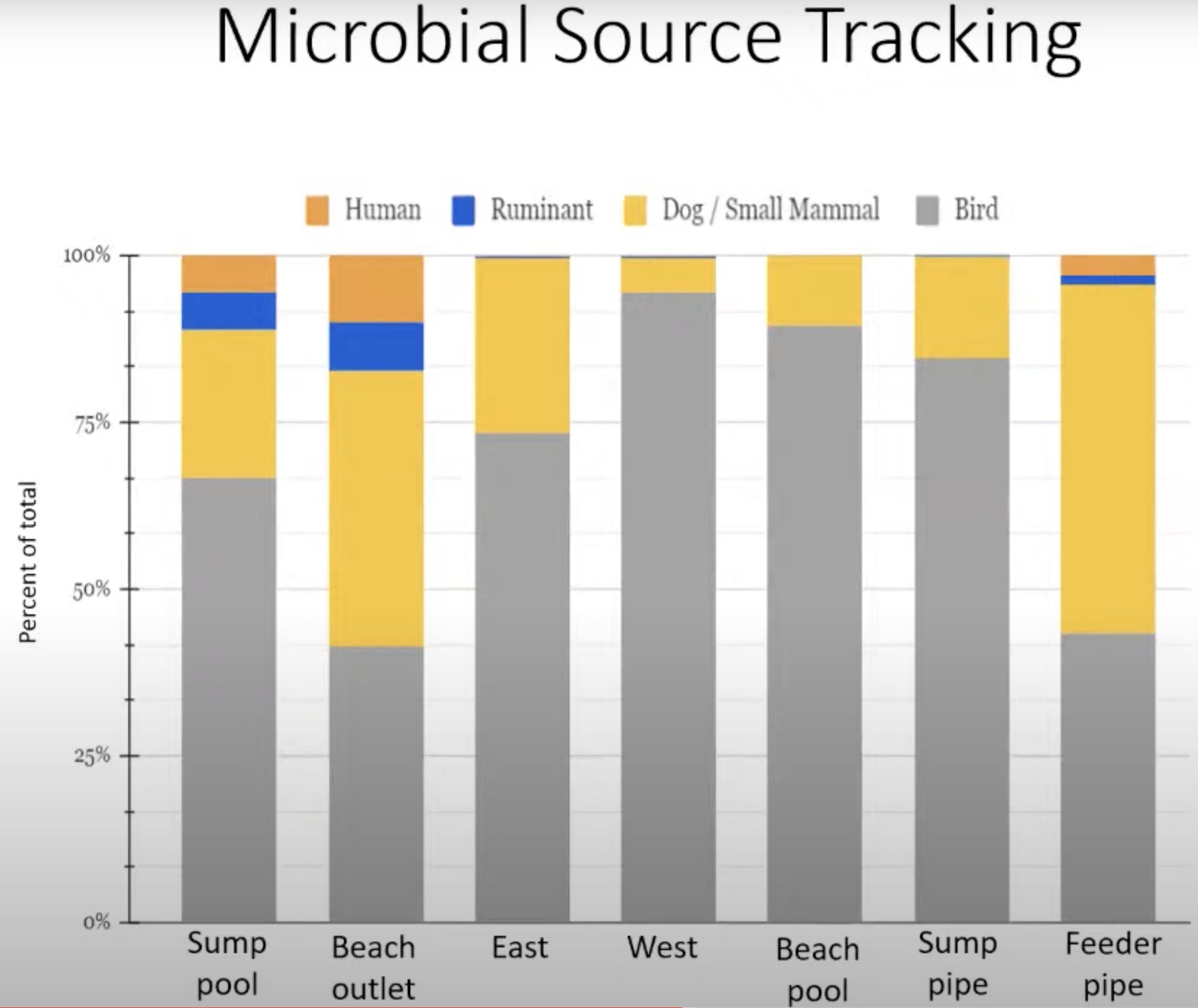 A slide shown by Dr. Christopher Gobler to the Harbor Committee on April 7 indicates that birds were by far the largest source for bacterial pollution at seven water sampling sites at Havens Beach and the drainage system the sends polluted runoff onto the beach.
