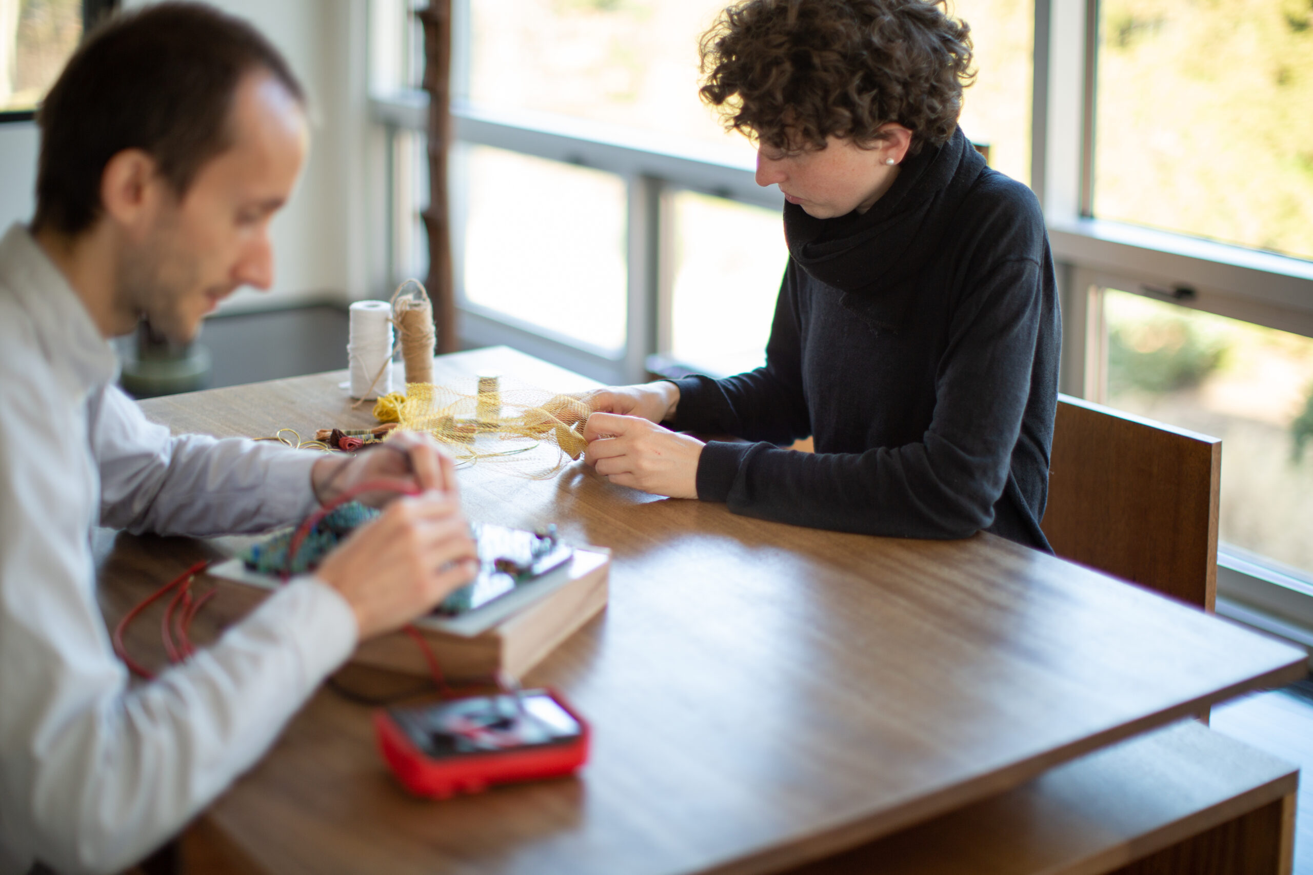 The musical group Passepartout Duo, percussionist Christopher Salvito and pianist Nicoletta Favari, during their recent residency at The Watermill Center, March 2 to April 1, 2022. © LINDSAY MORRIS, COURTESY THE WATERMILL CENTER.