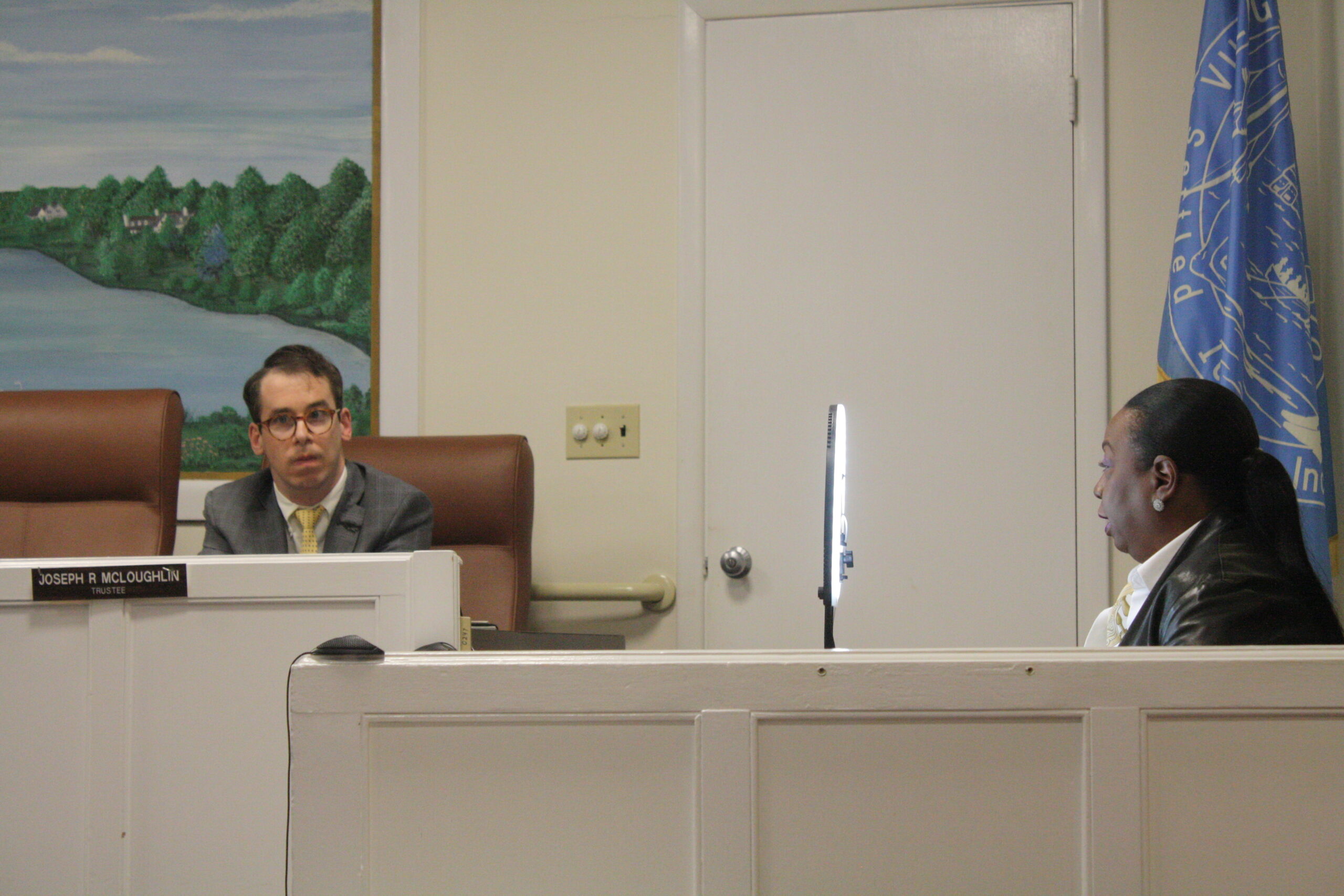 Southampton Village Trustee Robin Brown, right, at a village board meeting last month. CAILIN RILEY