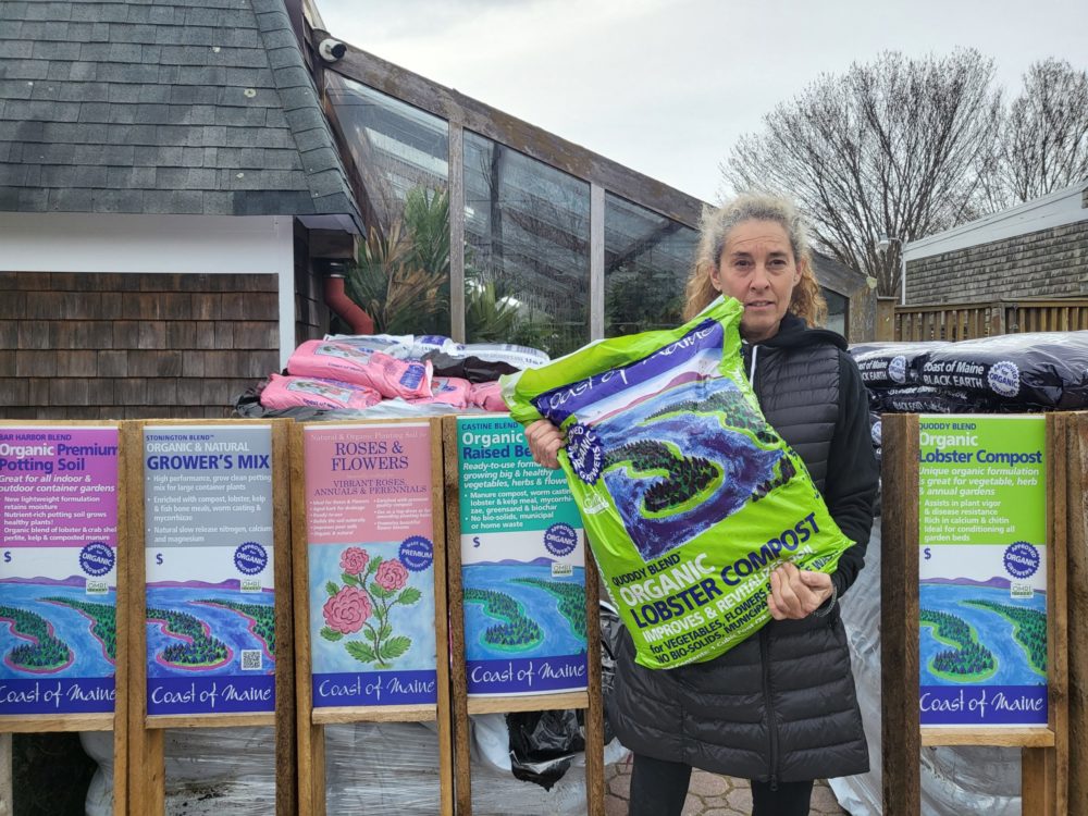 Pam Healy shows off lobster compost at Fowler’s Garden Center.