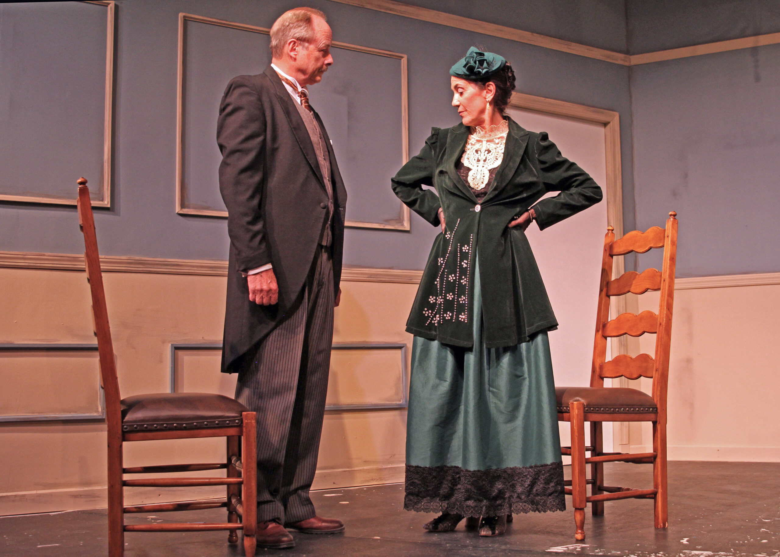 Andrew Botsford and Rosemary Cline in rehearsal for “A Doll’s House, Part 2” presented by Hampton Theatre Company running May 26 to June 12. TOM KOCHIE