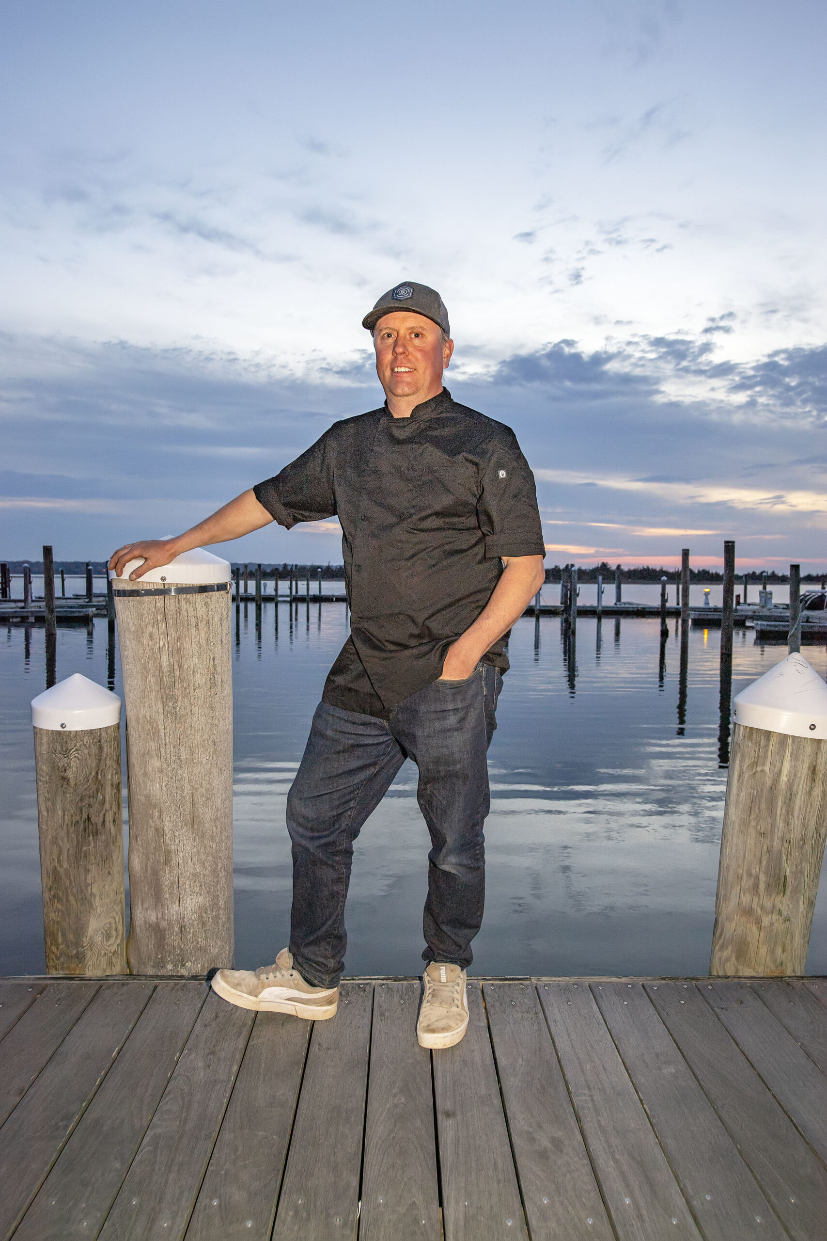 Bostwick's Restaurant Chef Damien O'Donnell, photographed at the restaurant dock on Gann Road on April 13th, 2022