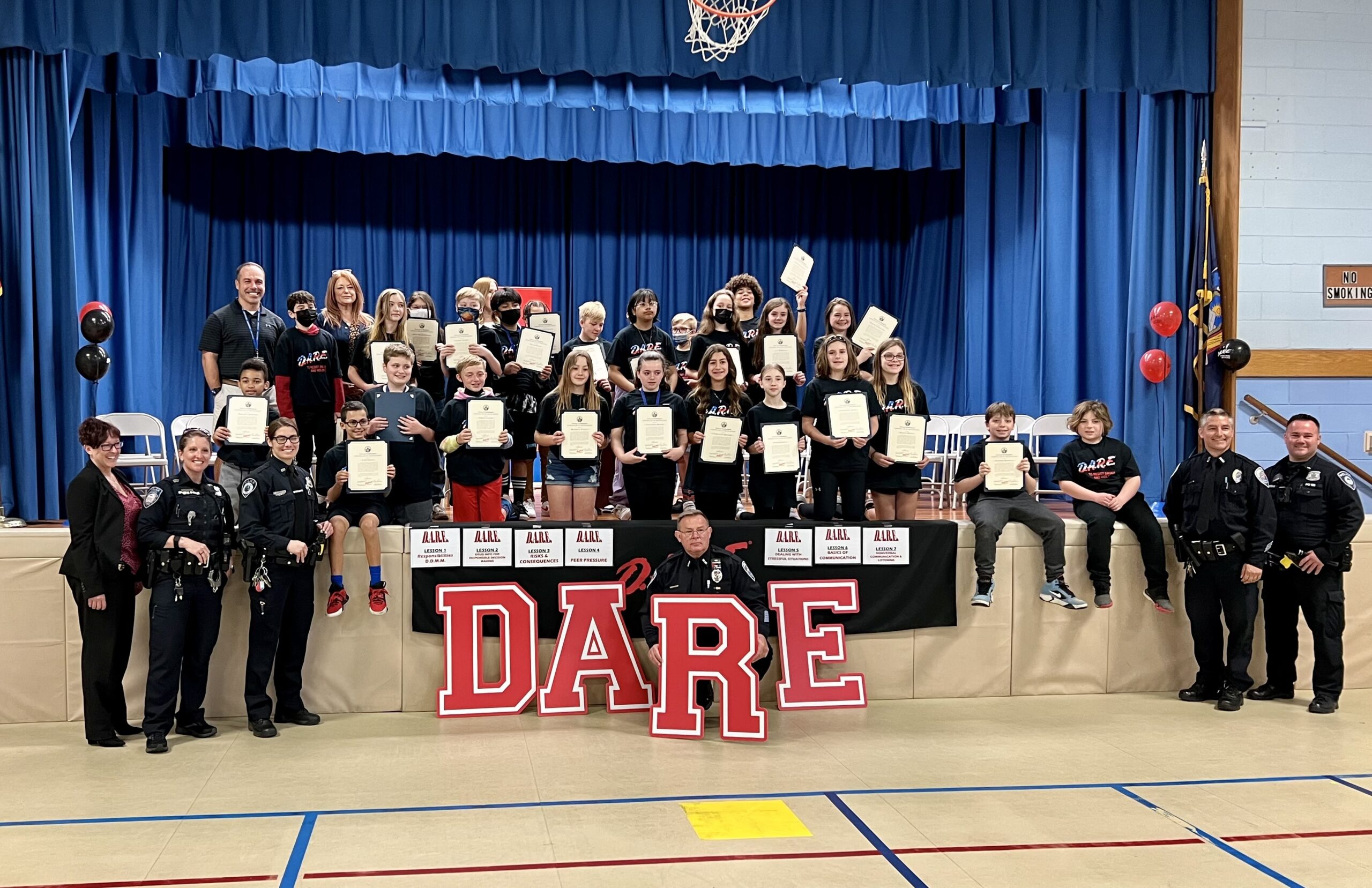 The school resource officers from Southampton Town Police Department - Eric Plum and Tony Vecchio, Southampton Village Police Department - Tiffany Lubold and Lisa McCulley, Westhampton Beach Police Department - Mark Yakaboski,  and East Hampton Town Police Department - Devon Toia, have been supporting each other as the DARE officers graduated four classes this spring. Officer Eric Plum graduated his class from Remsenburg/Speonk Elementary school. Officer Devon Toia graduated her class from Amagansett elementary school. Officer Tiffany Lubold and Lisa McCulley graduated the 5th grade from Our Lady of the Hamptons School and the sixth grade from Southampton Intermediate School. Det. Sgt Herman Lamison, a former DARE officer, attended the Our Lady of the Hamptons graduation.