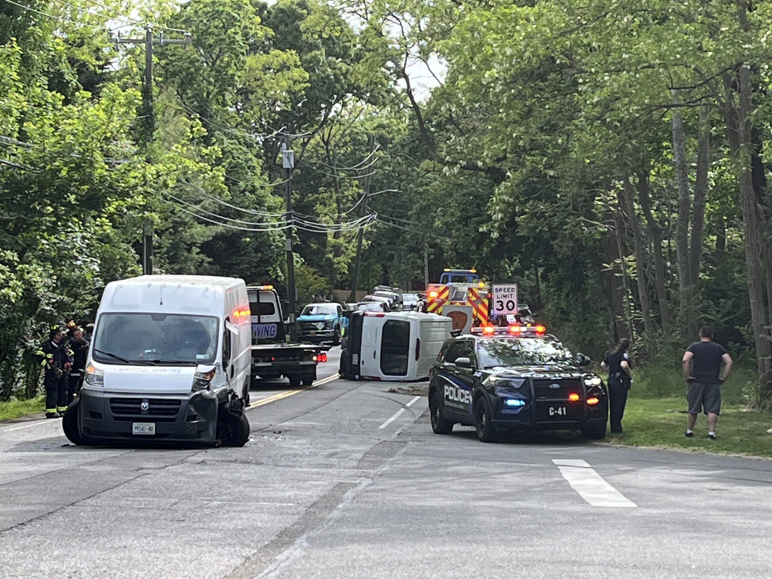 A van overturned in a three-vehicle crash on Noyac Road Friday afternoon.