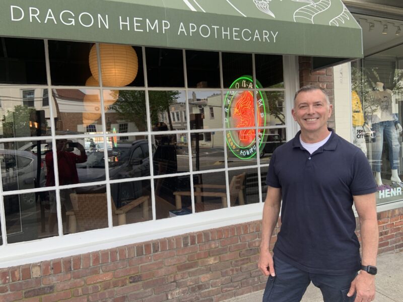 Kevin Menard outside his new shop, Dragon Hemp Apothecary, in Sag Harbor. STEPHEN J. KOTZ